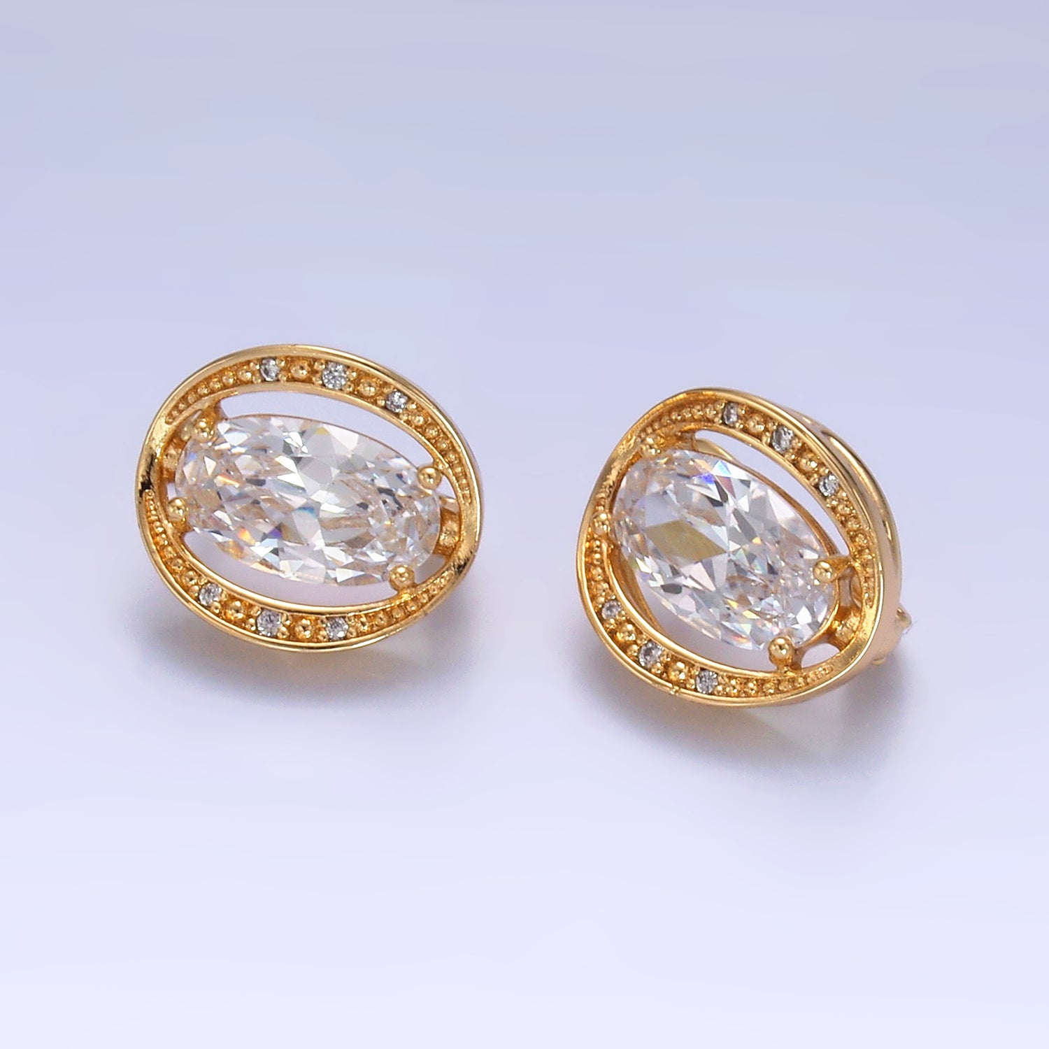Gold Vintage Gold CZ Oval Diamond Studs Earring-00131