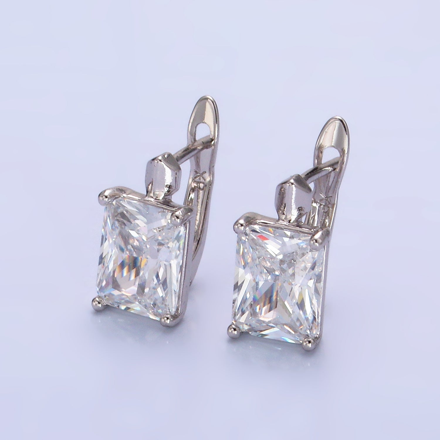 Silver Classic Rhodium CZ Emerald Cut Huggies EA-0151
