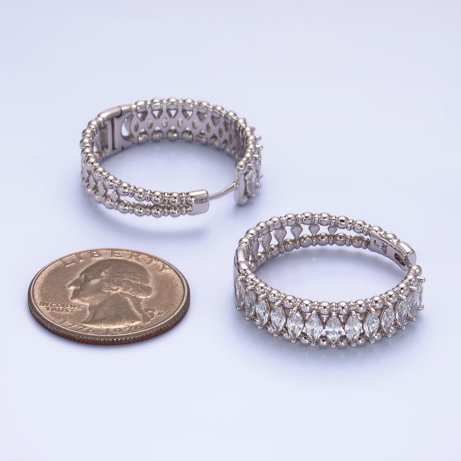 Silver Classic Rhodium CZ Marquise Huggies EA-0149