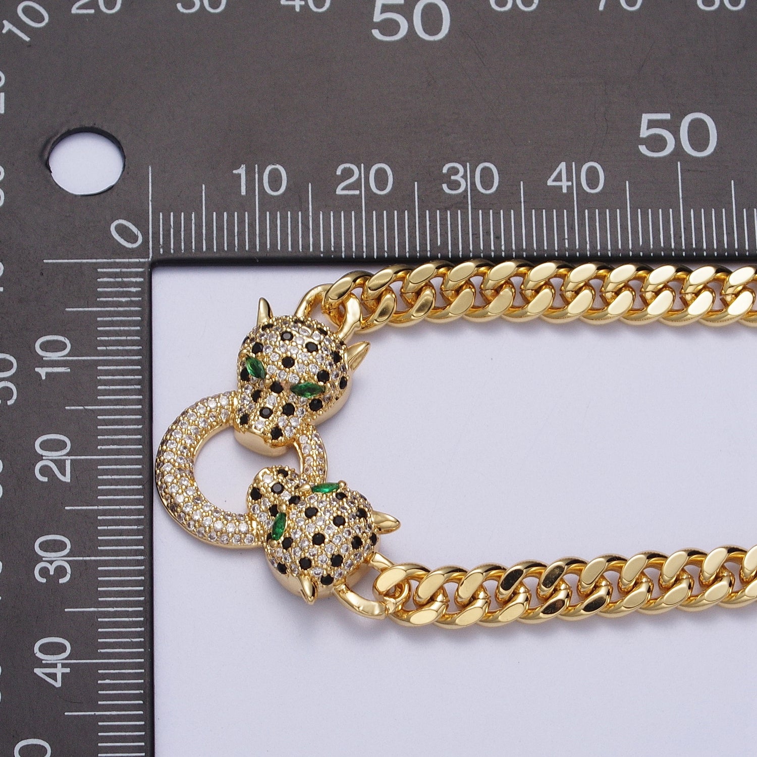 Micro Paved Green Eyed Jaguar Panther 18 Inch Curb Chain Necklace in Gold