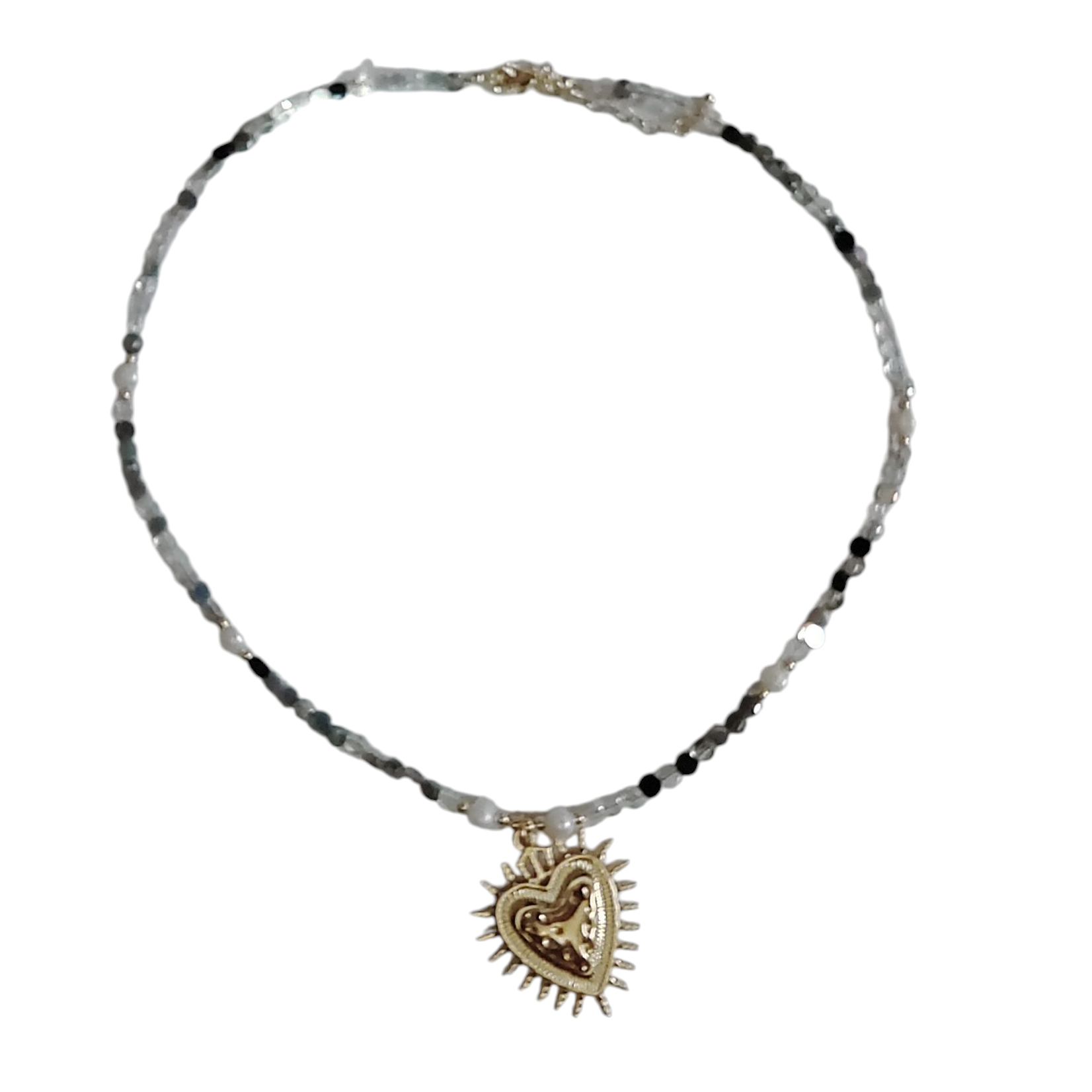 Black and grey Gem necklace with sacred heart pendant NC-SJ2119