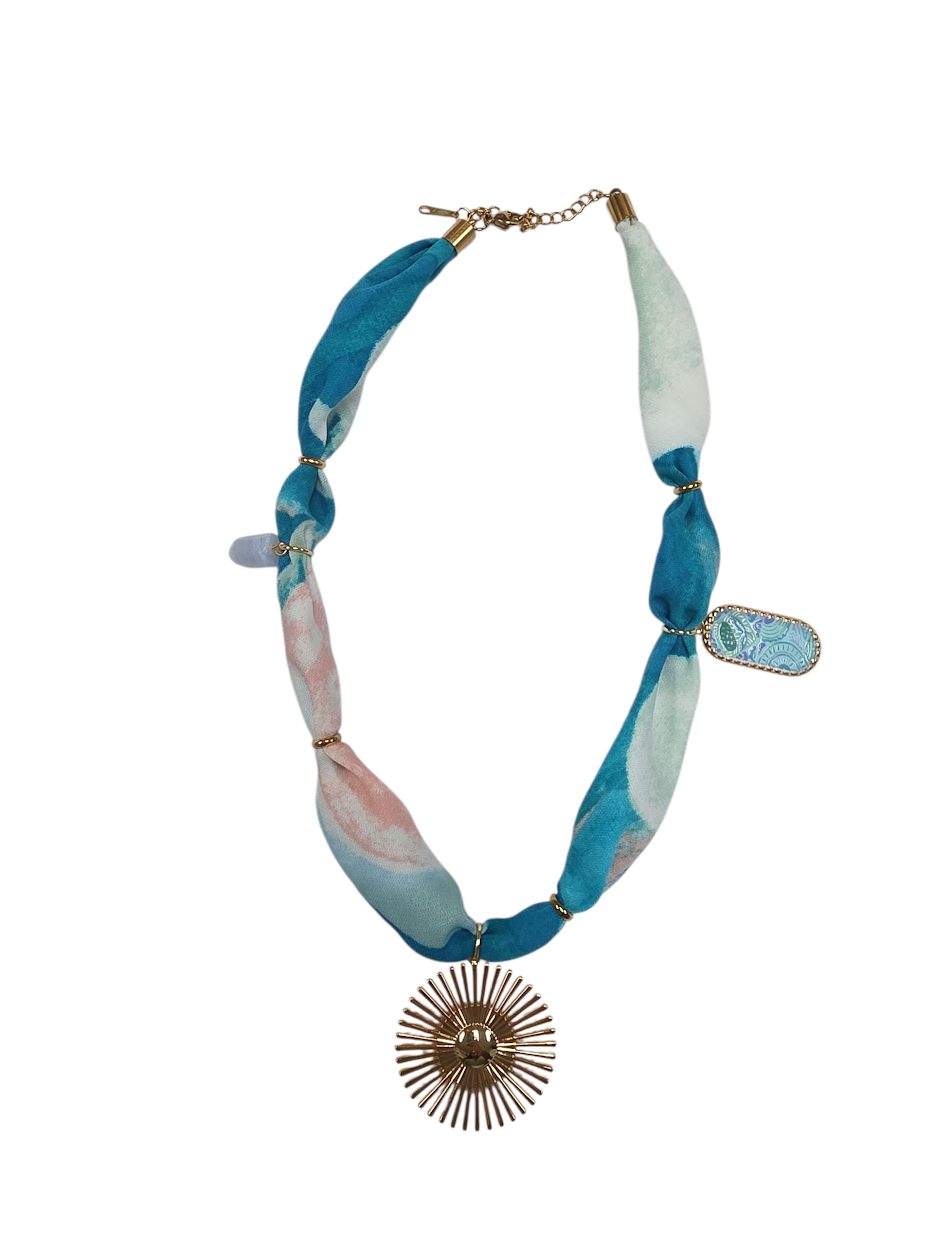 Blue silk scarf necklace with minimalist sun charm NC-2025