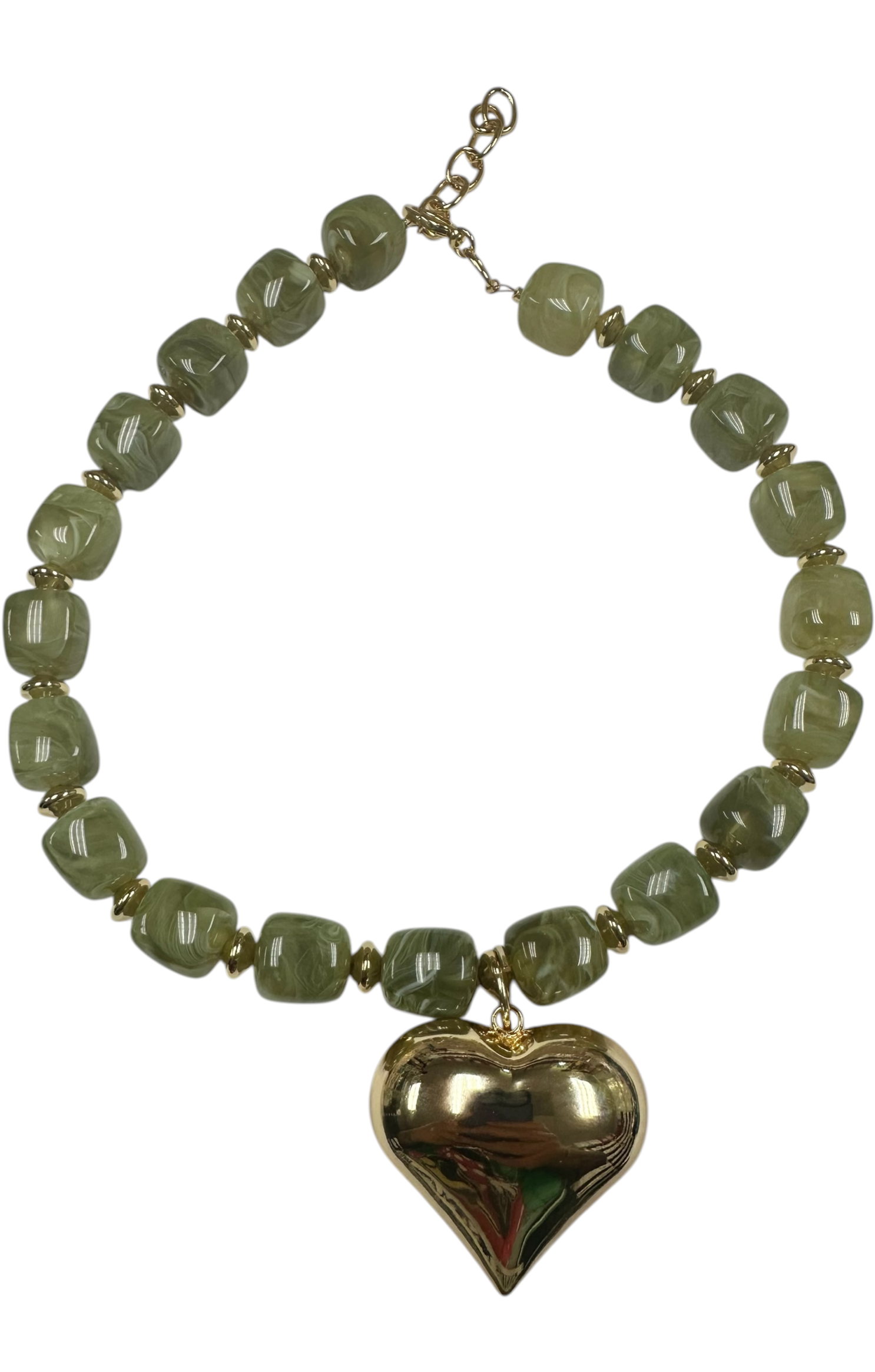 Chunky resin beaded necklace with big gold heart pendant ✦ NC-SJ2029 to NC-SJ2035