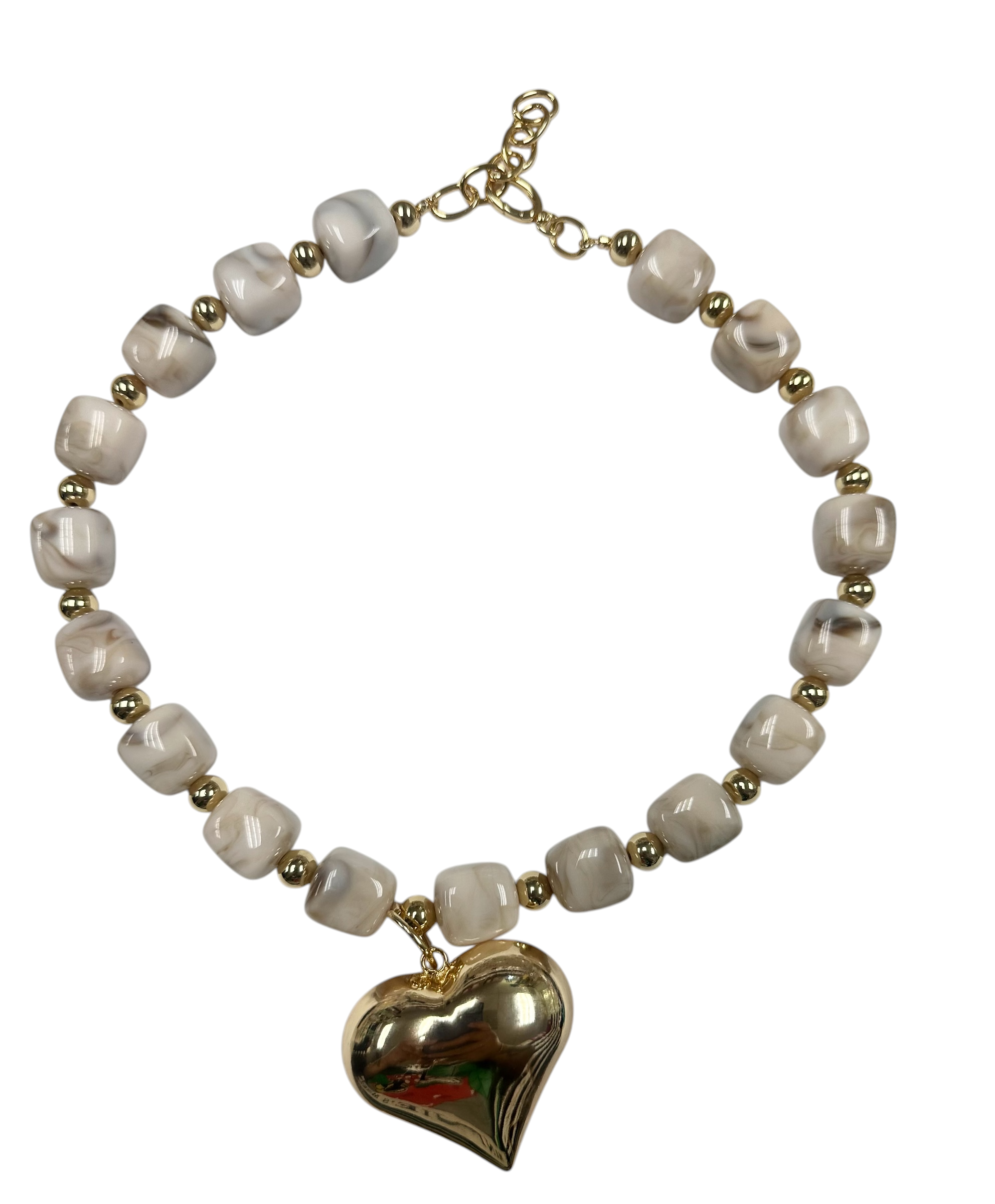 Chunky resin beaded necklace with big gold heart pendant ✦ NC-SJ2029 to NC-SJ2035