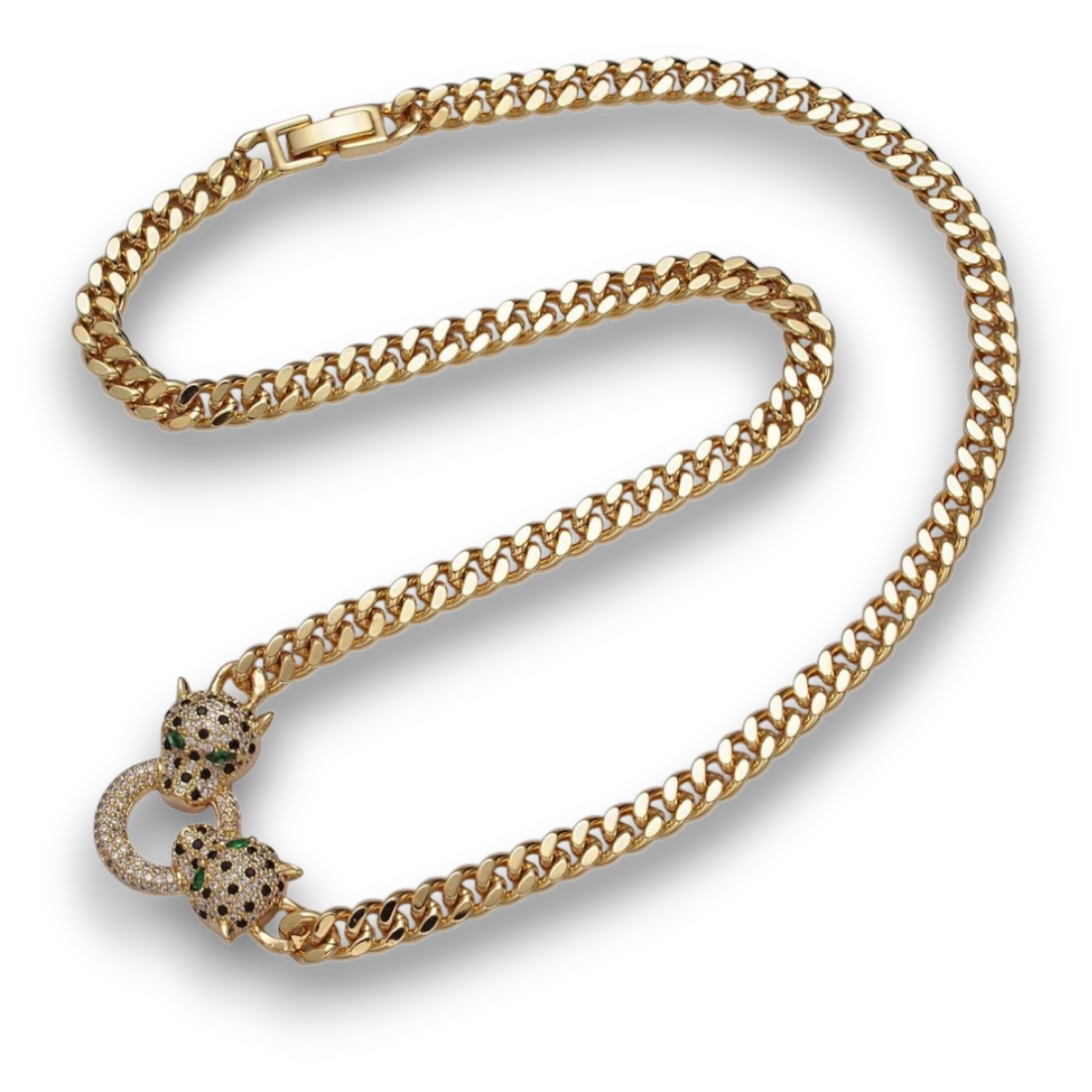 Gold Micro Paved Green Eyed Jaguar Panther Chain Necklace NC-21WA1361
