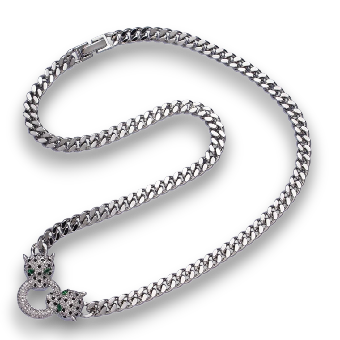 Silver Micro Paved Green Eyed Jaguar Panther Chain Necklace NC-21WA1362