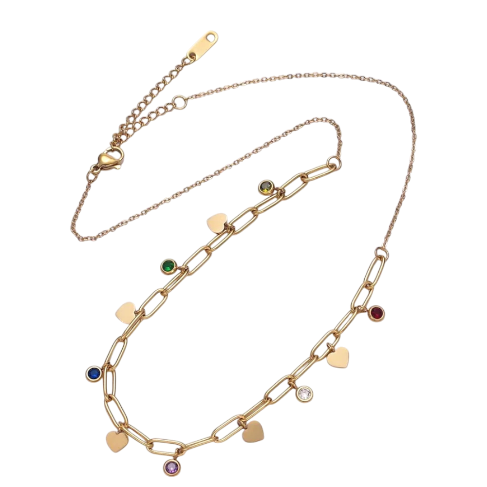 Round Multicolor CZ Disc Heart Half Paperclip Necklace NC-21WA2064