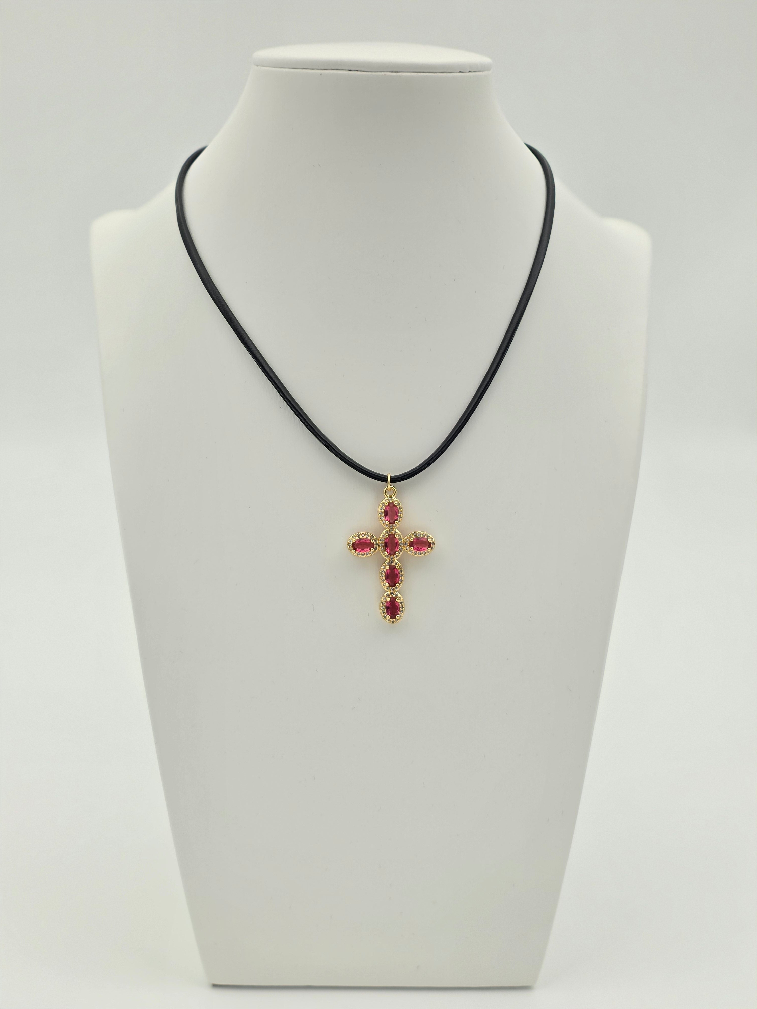 ADJUSTABLE BLACK LEATHER CORD NECKLACE WITH FUCHSIA CROSS PENDANT ✦ NC-SJ2002