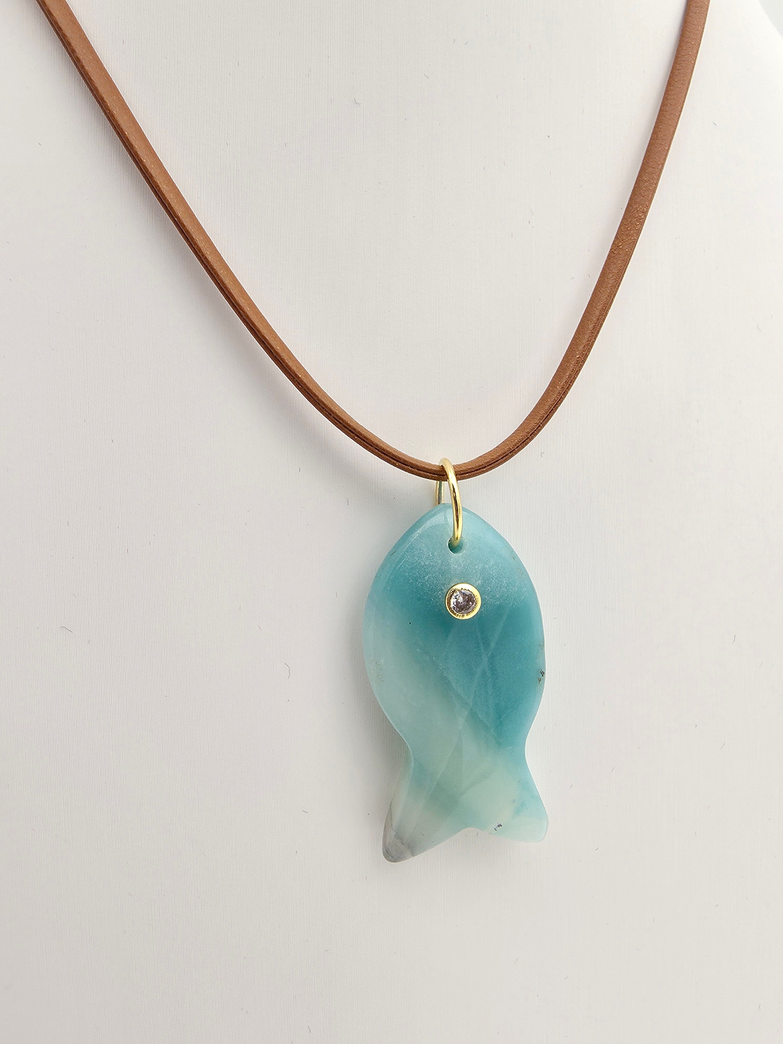 ADJUSTABLE TAN CORD NECKLACE WITH AMAZONITE FISH STONE NC-SJ2005