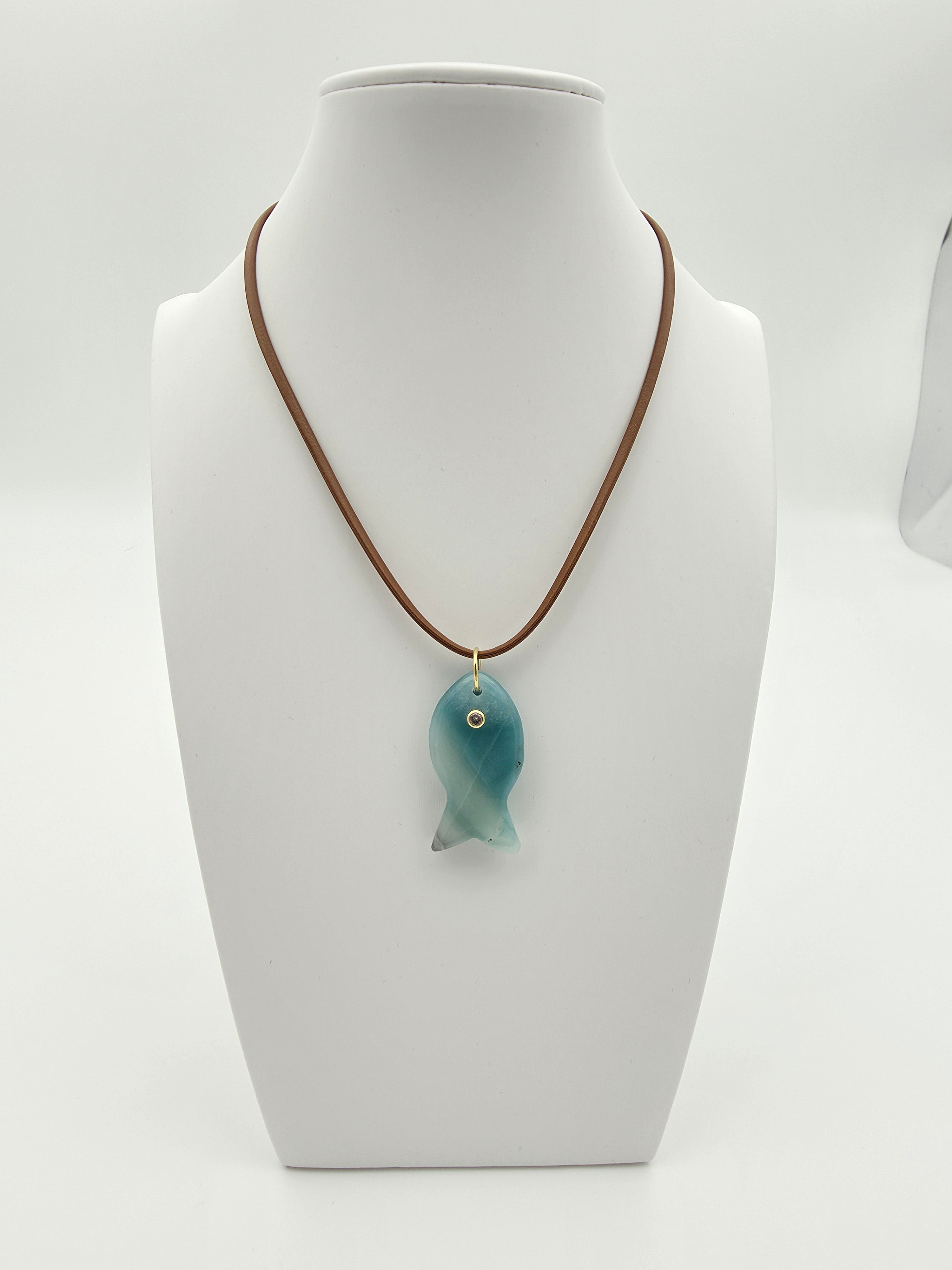 ADJUSTABLE TAN CORD NECKLACE WITH AMAZONITE FISH STONE NC-SJ2005