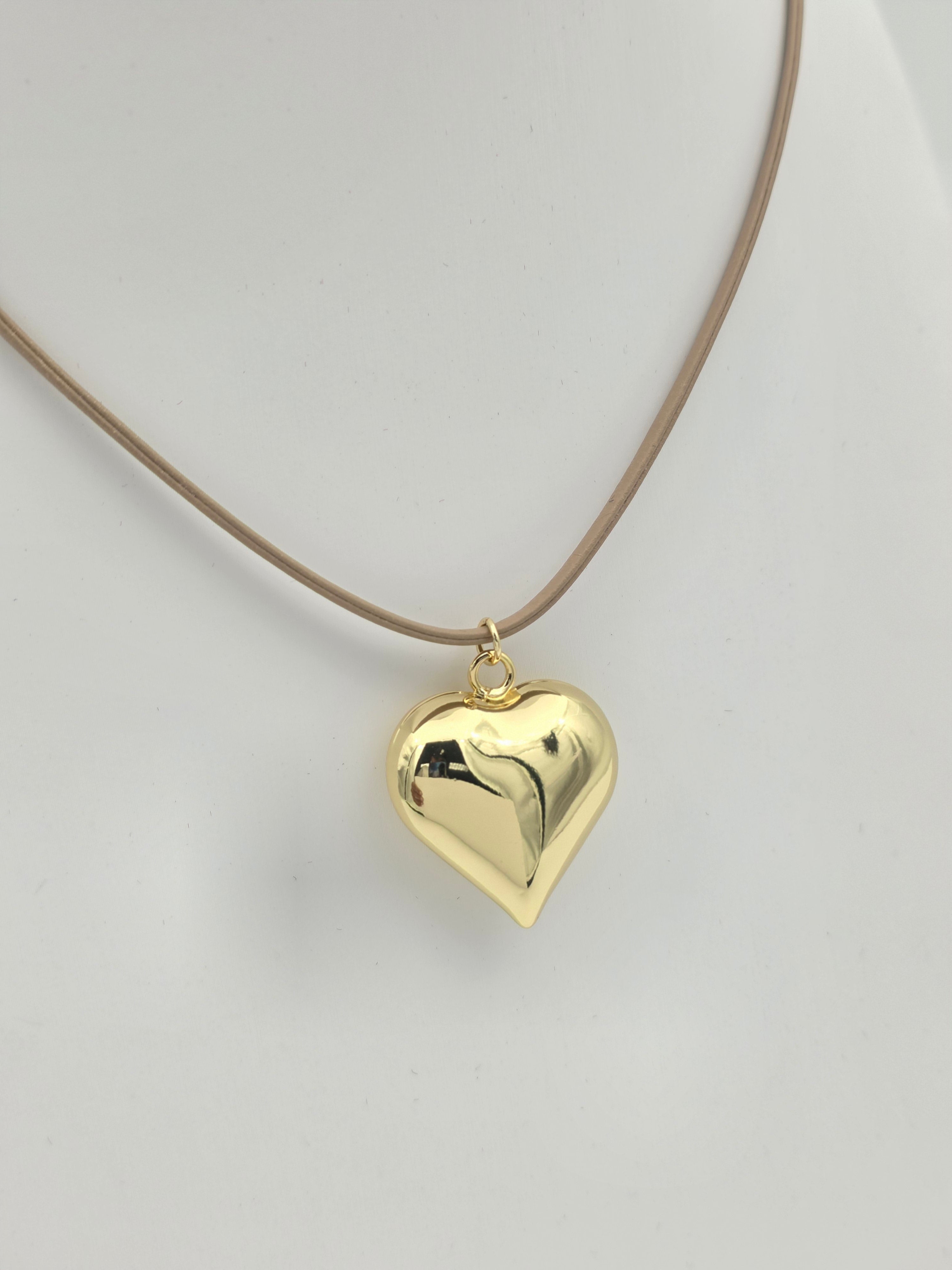 BEIGE ADJUSTABLE LEATHER CORD NECKLACE GOLD HEART NC-SJ2006