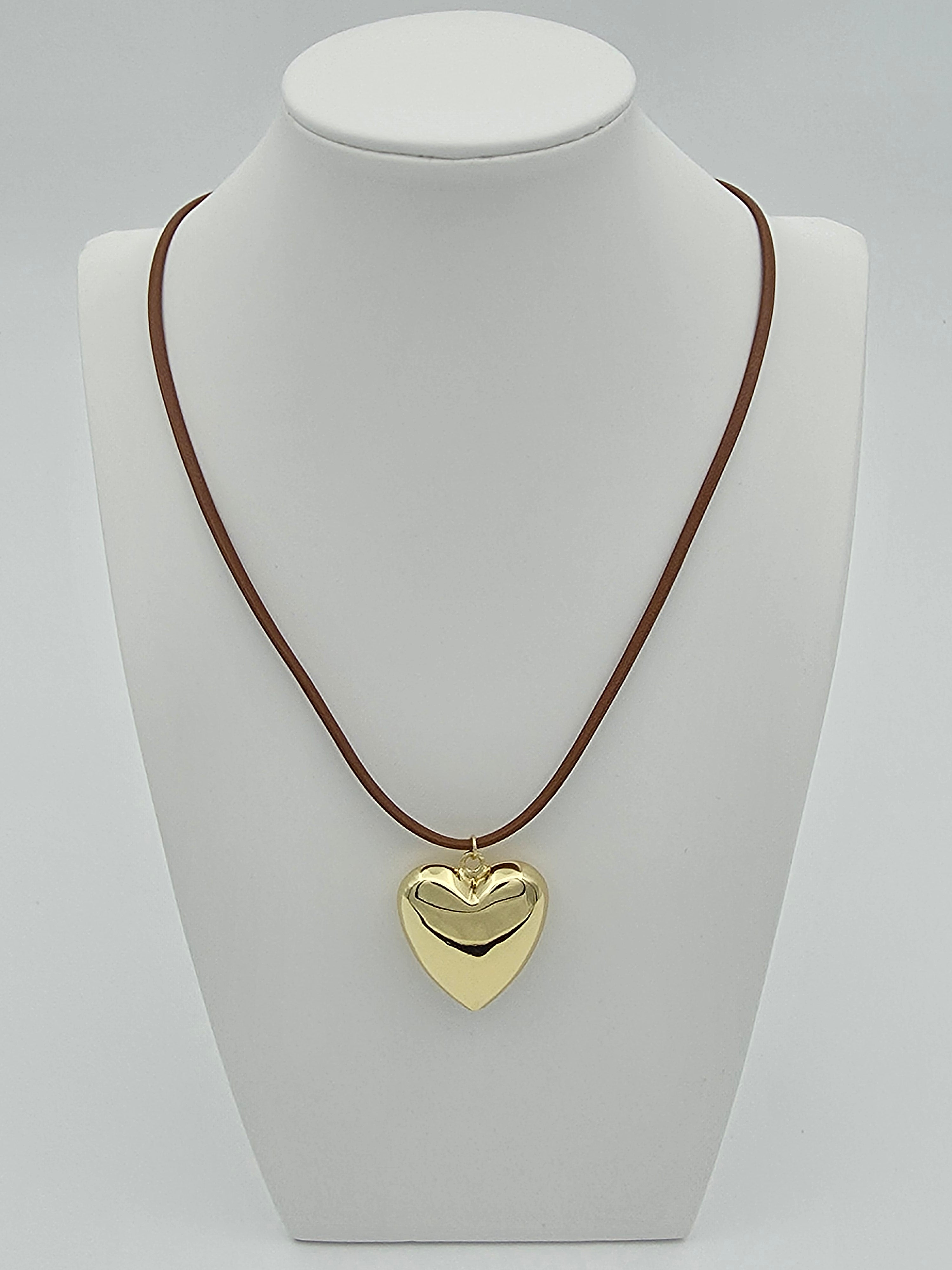 TAN ADJUSTABLE LEATHER CORD NECKLACE W/GOLD HEART PENDANT ✦ NC-SJ2008