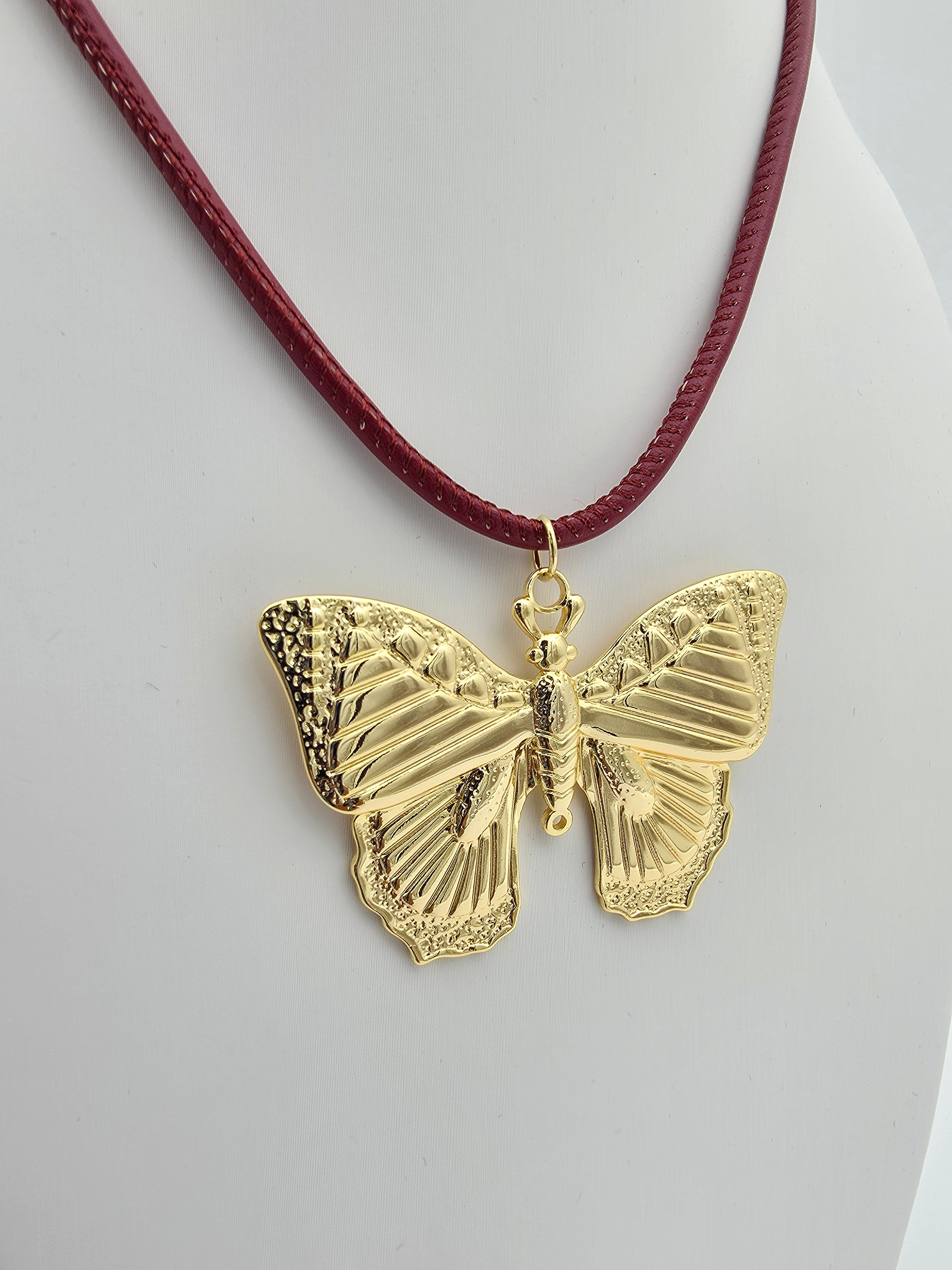 MAROON CUSTOM ADJUSTABLE BAGUETTE CORD NECKLACE WITH GOLD BUTTERFLY PENDANT ✦ NC-SJ2019