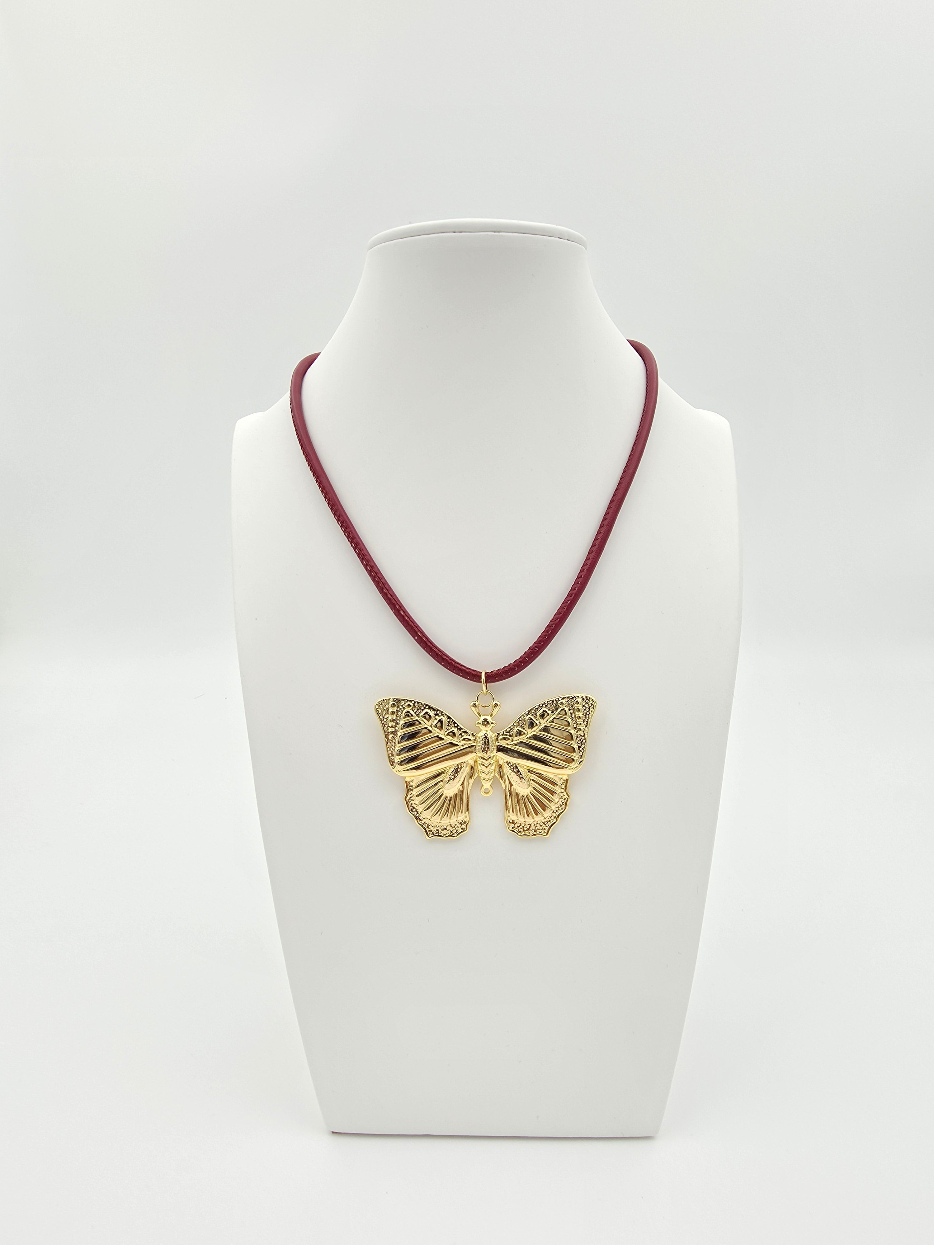 MAROON CUSTOM ADJUSTABLE BAGUETTE CORD NECKLACE WITH GOLD BUTTERFLY PENDANT ✦ NC-SJ2019