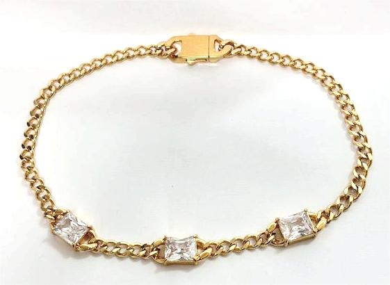 Gold plated stainless steel link chain with 3 square CZ ✦ NC-SJ2021