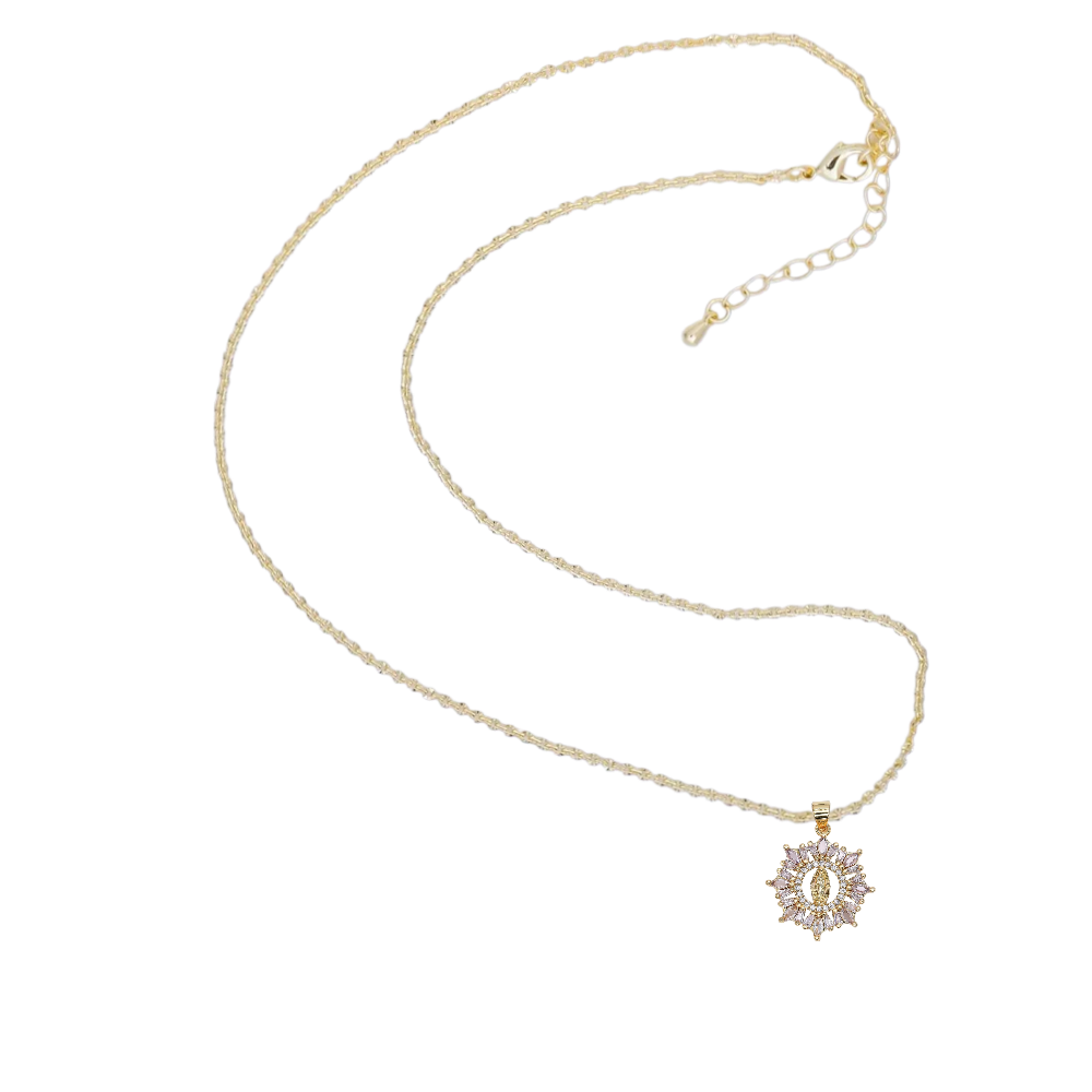 Sunburst Hammered Cable Chain Necklace with Mixed Cut CZ Lady Guadalupe charm NC-SJ2177