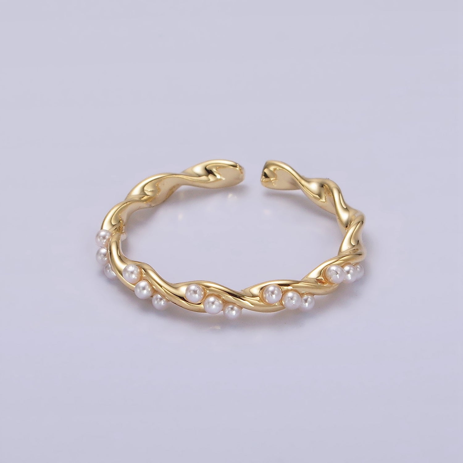 Gold Dotted Pearl Lined Croissant Twisted Ring
