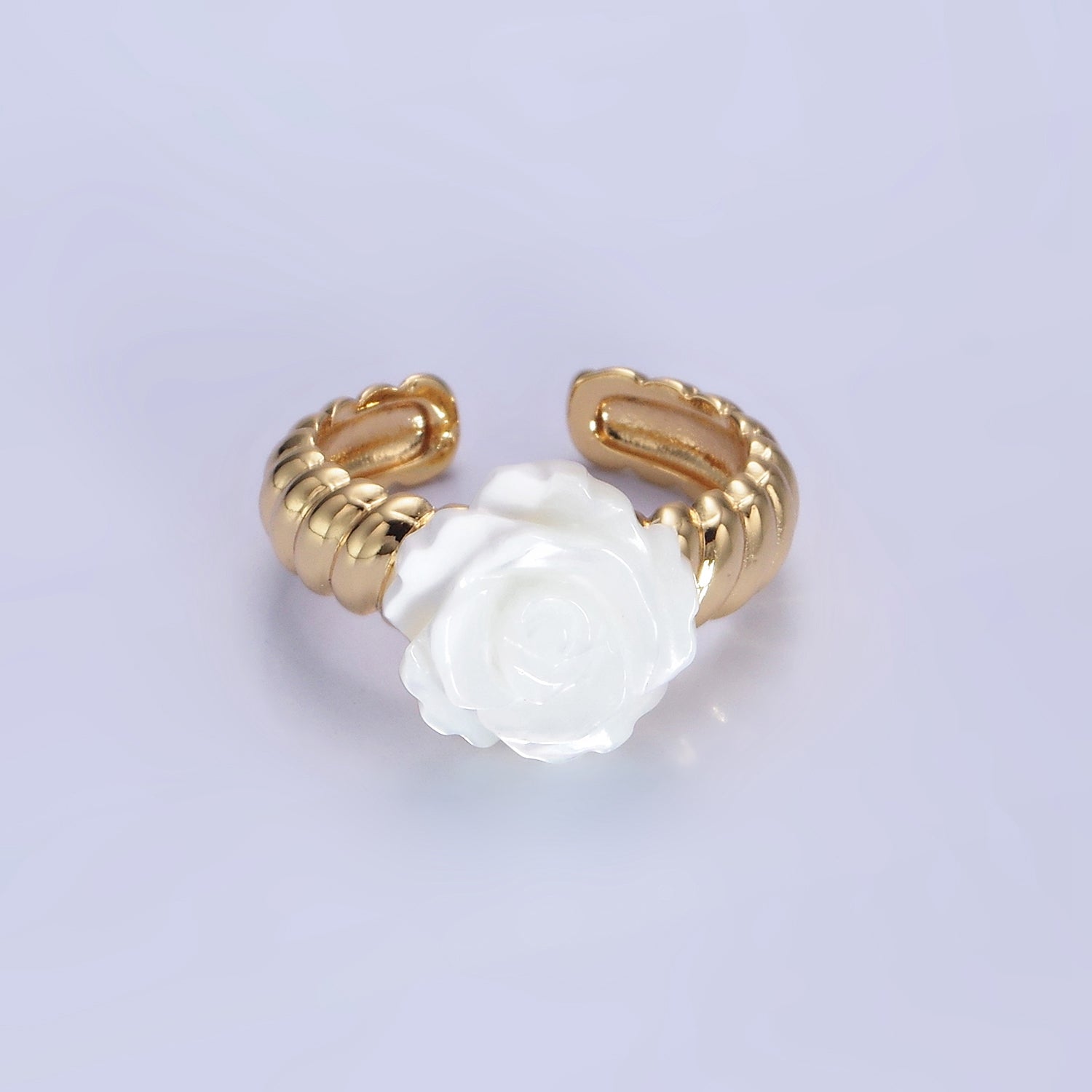 Gold Rose Flower Shell Pearl Croissant Ring ✦ RI-21O1314