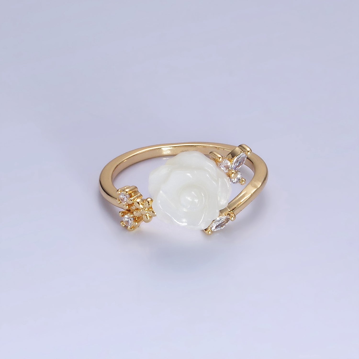 Gold Rose Flower Shell Pearl Marquise CZ Leaf Ring ✦ RI-21O1315