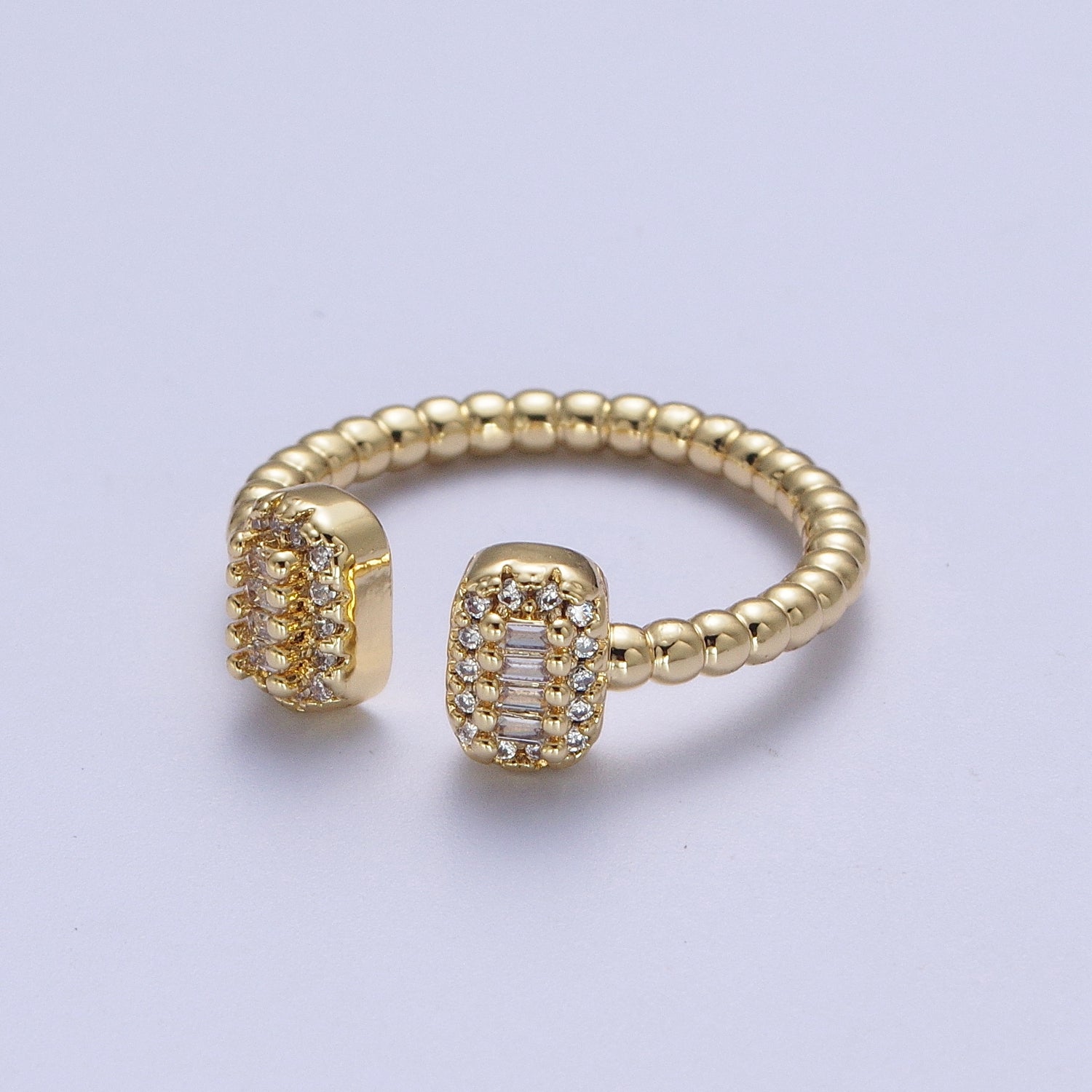 Gold Beaded Micro Paved Double Bar Clear Fuchsia Green Baguette Cubic Zirconia Ring