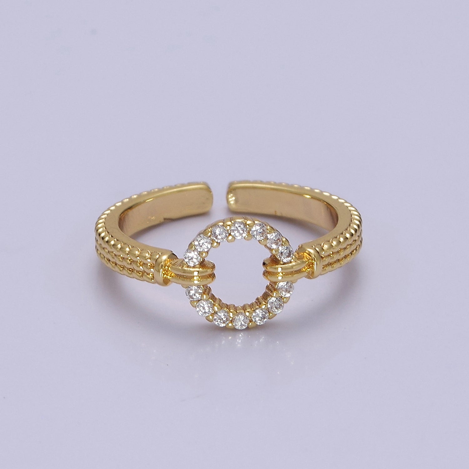 Gold Open Circle Round Micro Paved CZ Textured Band Ring RI-21O2071