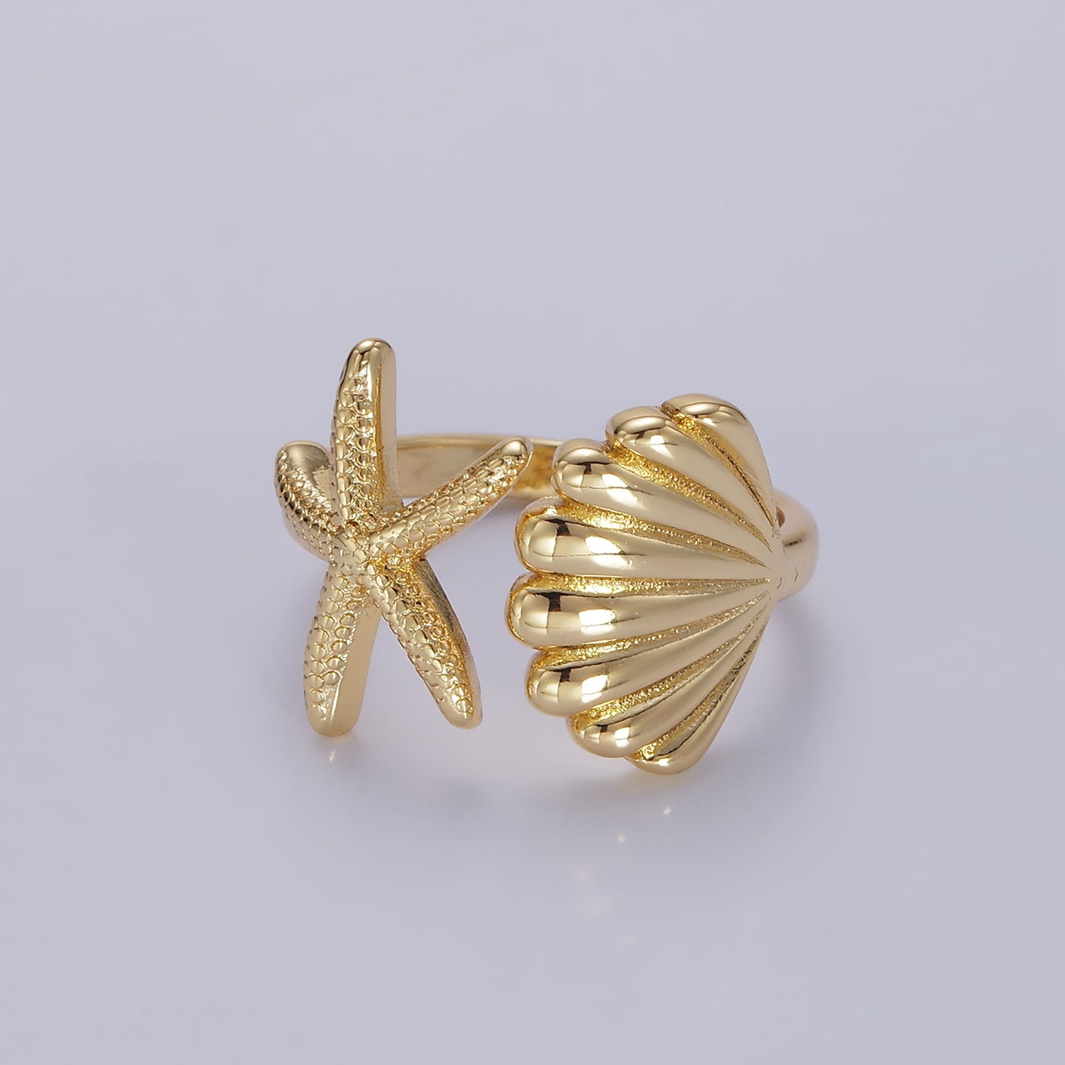 Gold Ocean Starfish Clam Sea Shell Open Wrap Ring