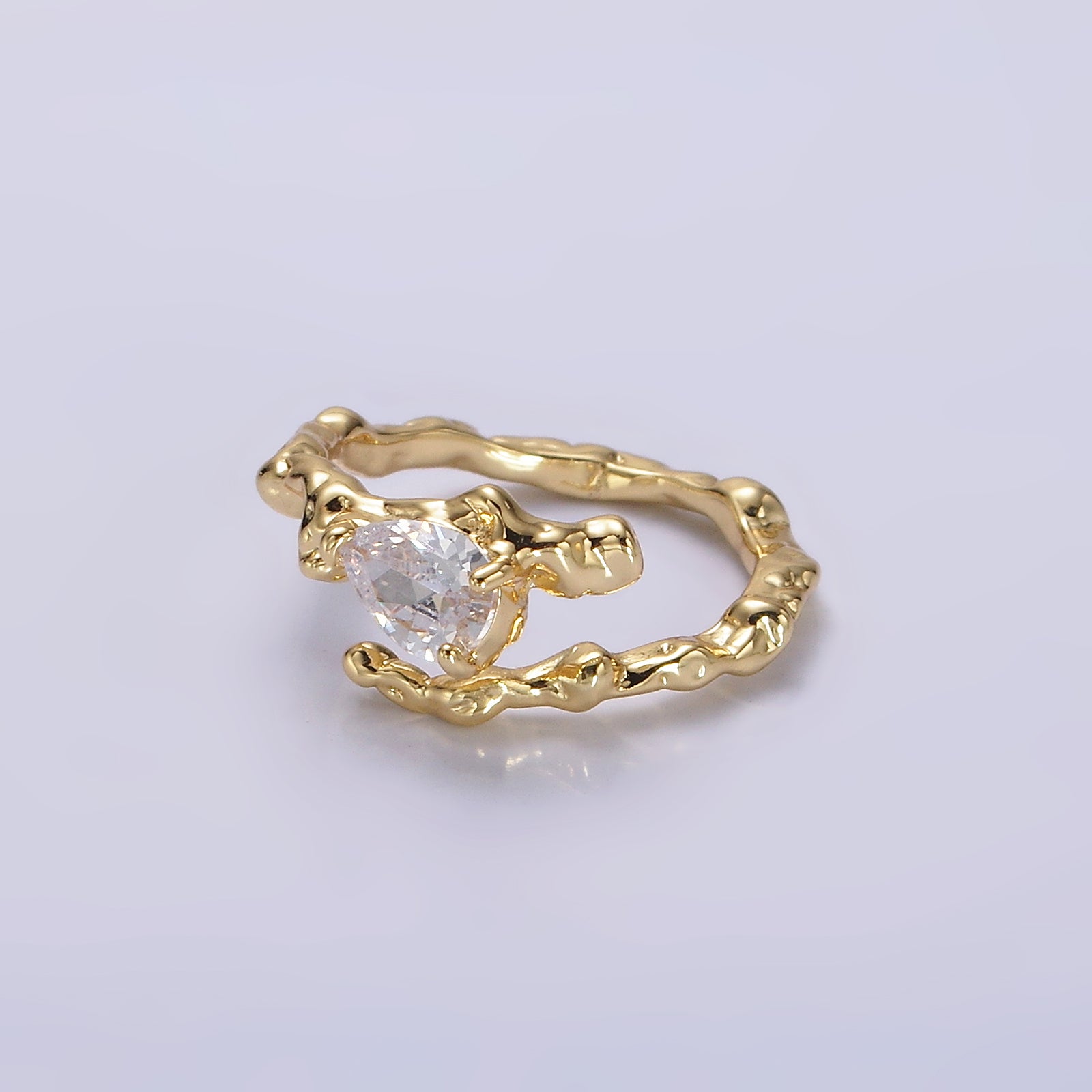 Gold Clear CZ Teardrop Molten Drip Open Ring ✦ RI-21O0603
