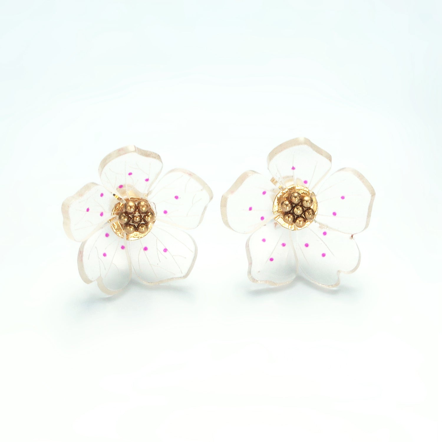 Gold Clear Acrylic Pink Enamel Flower Stud Earrings ✦  EA-21P100