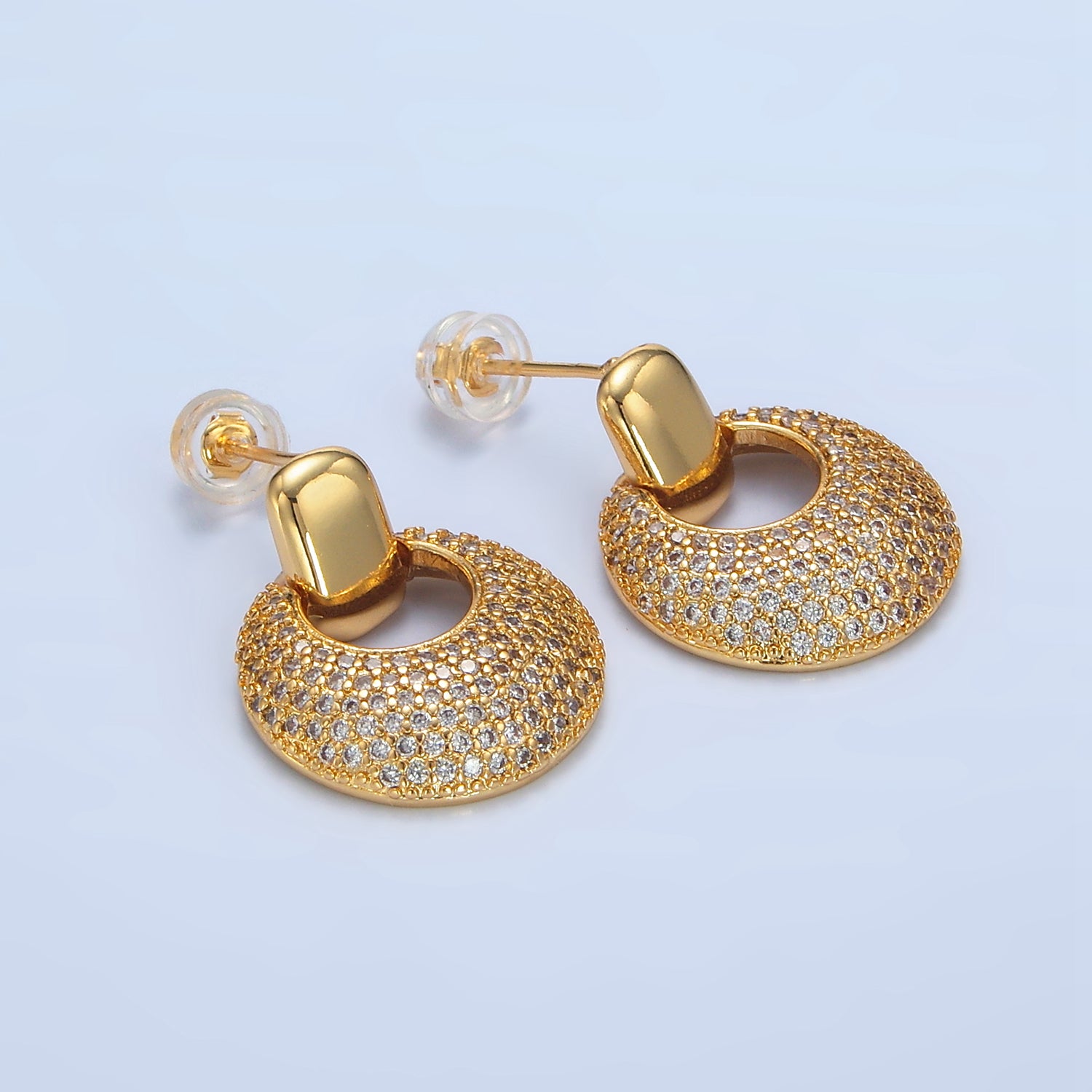 Gold Dome Micro Paved CZ Door Knocker Drop Stud Earrings in Gold & Silver