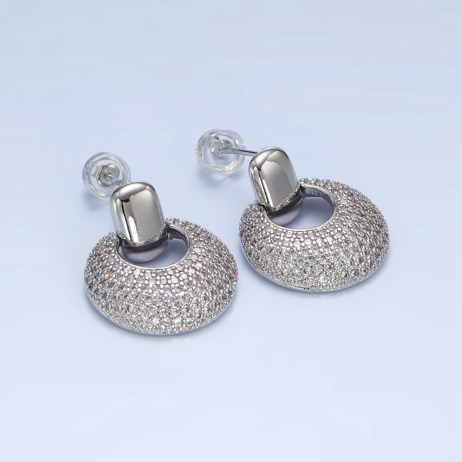 Gold Dome Micro Paved CZ Door Knocker Drop Stud Earrings in Gold & Silver