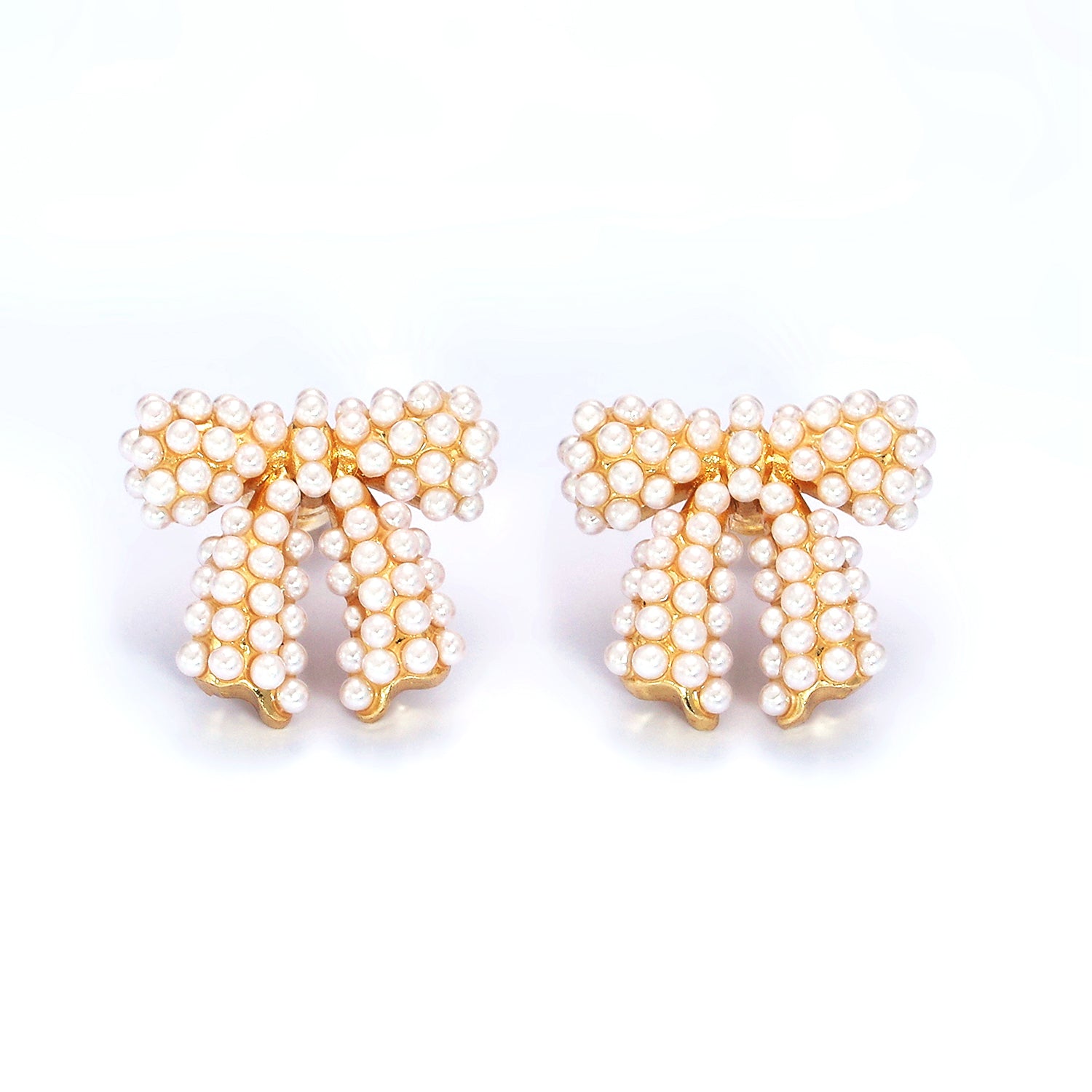 Gold Pearl Ribbon Bow Stud Earrings ✦ EA-21P246