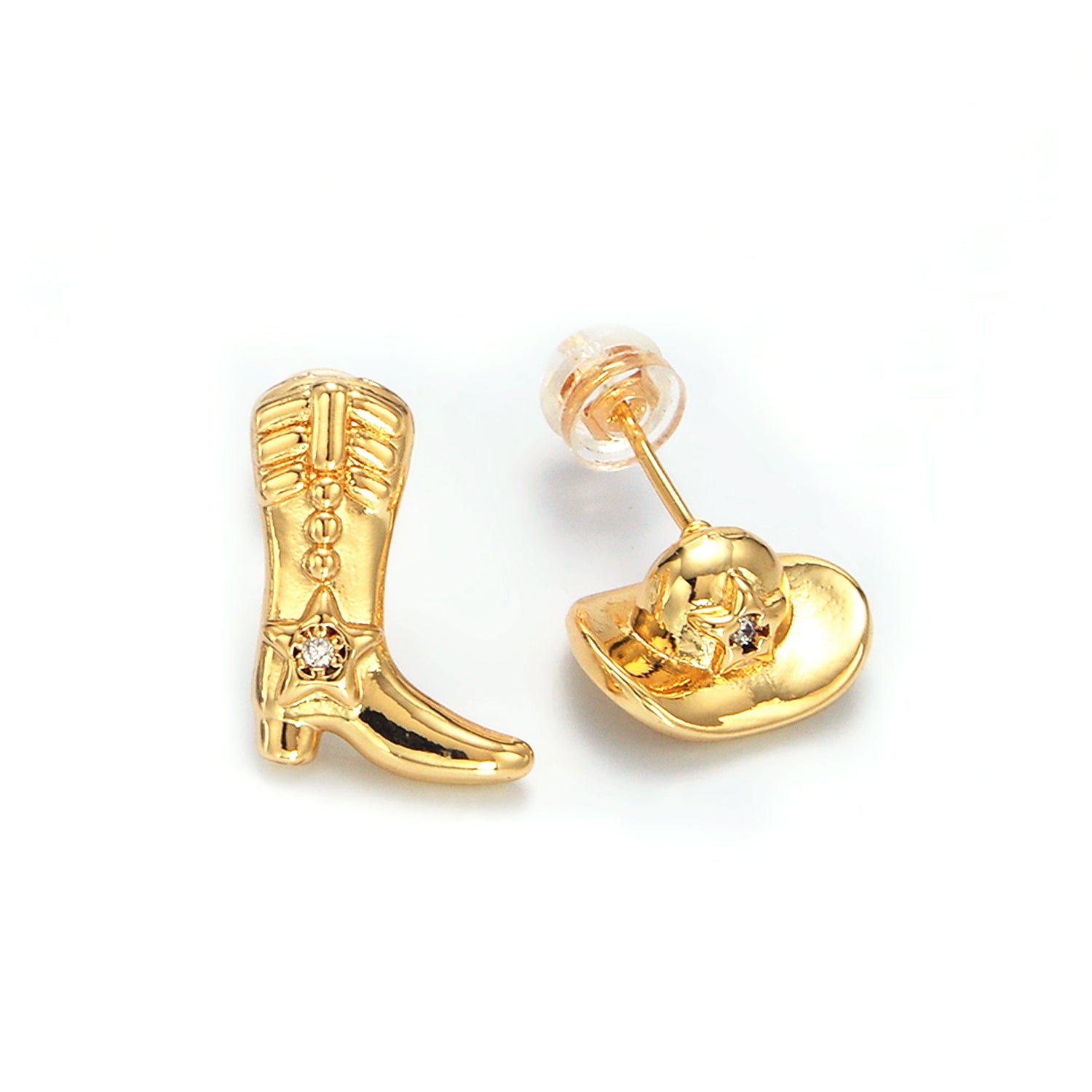 Gold Cowboy Hat Boots CZ Stud Earrings Set in Gold & Silver ✦ EA-21P415