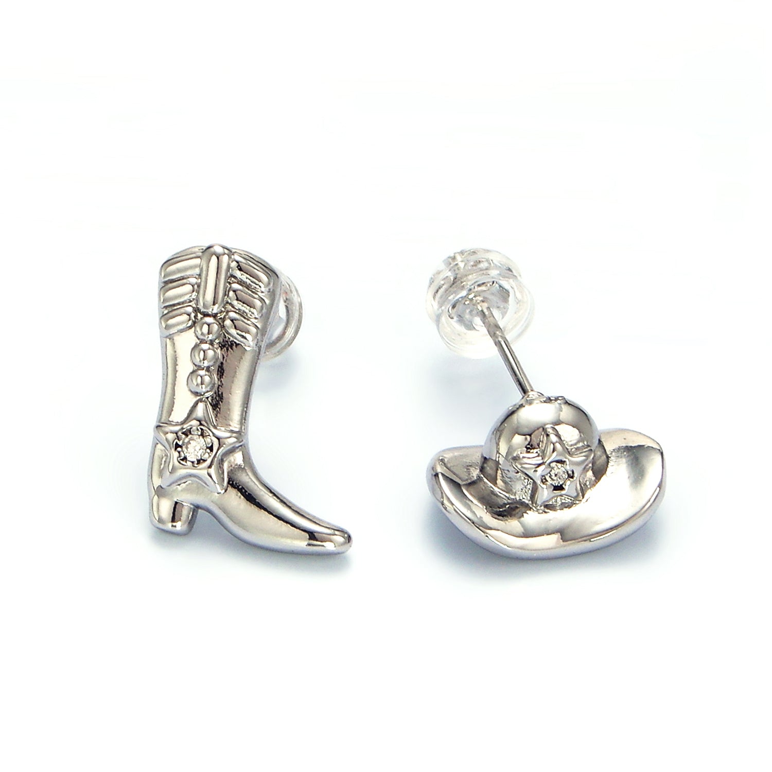 Gold Cowboy Hat Boots CZ Stud Earrings Set in Gold & Silver ✦ EA-21P415