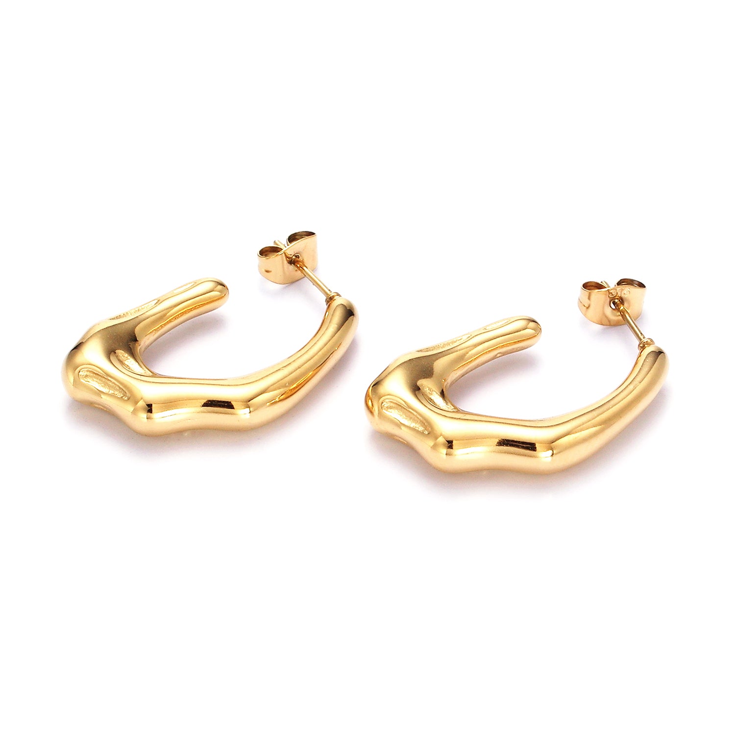 Stainless Steel 28mm Molten Abstract J-Shaped Hoop Earring in Gold & Silver