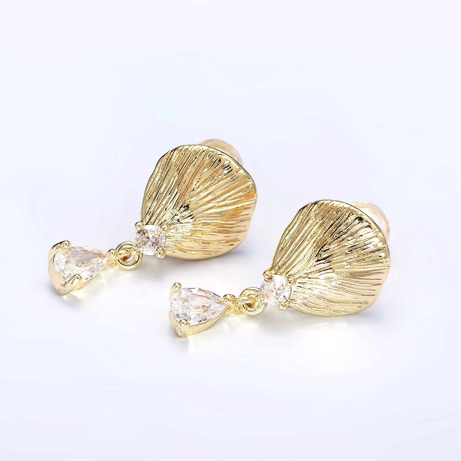 Gold Teardrop CZ Clam Shell Drop Stud Earrings