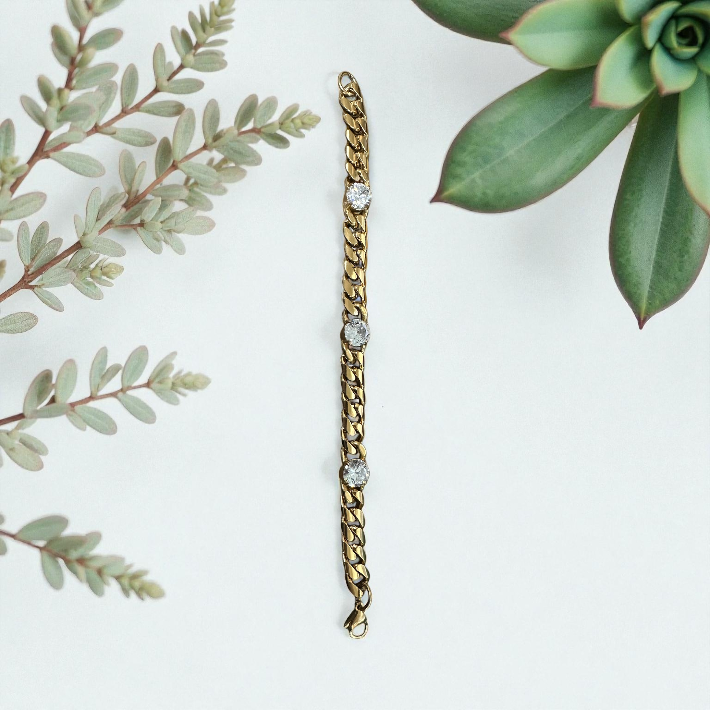 Gold bracelet chain 3 ROUND cz diamonds BR-2025