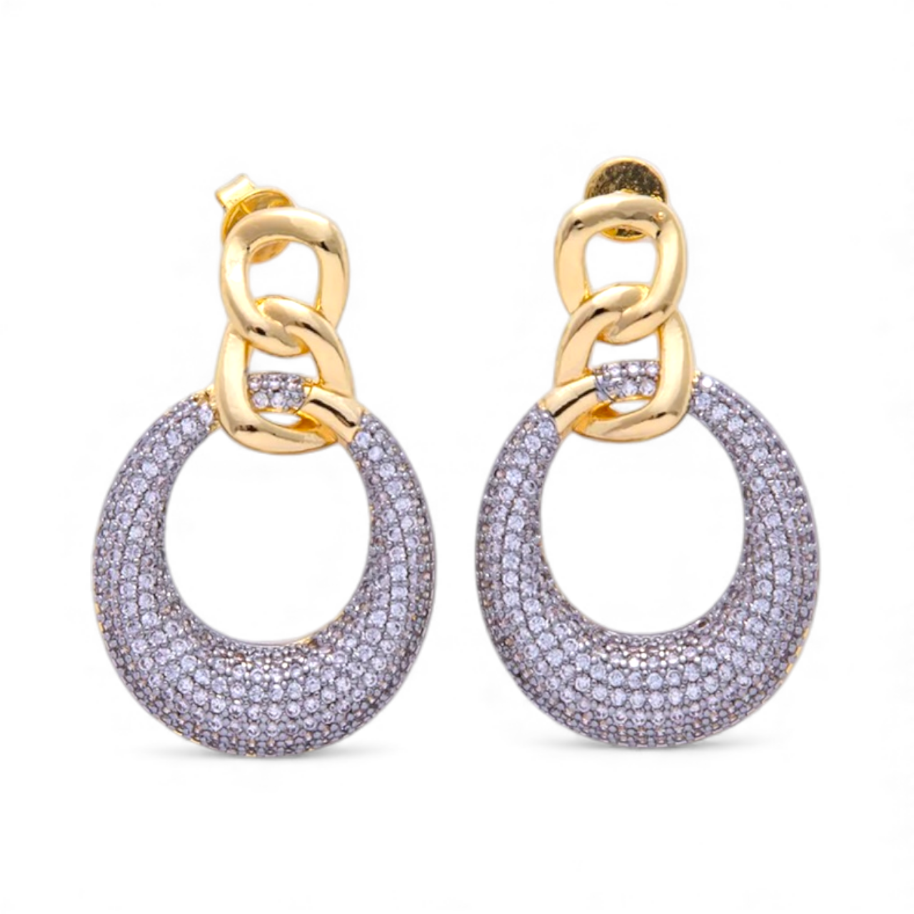 Mixed Metal Micro Paved CZ Round Curb Link Drop Stud Earrings EA-21AI340
