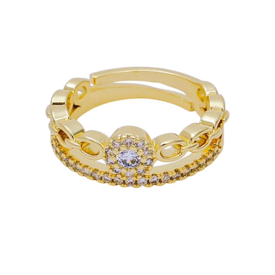 Micro Paved Double Sun Star Chain Simple Crown Ring RI-21O1455