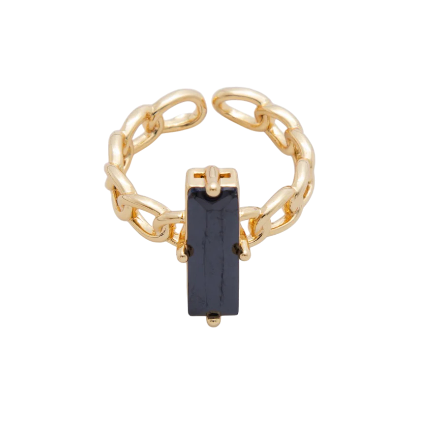 Black Baguette CZ Curb Band Solitaire Ring RI-21O1838