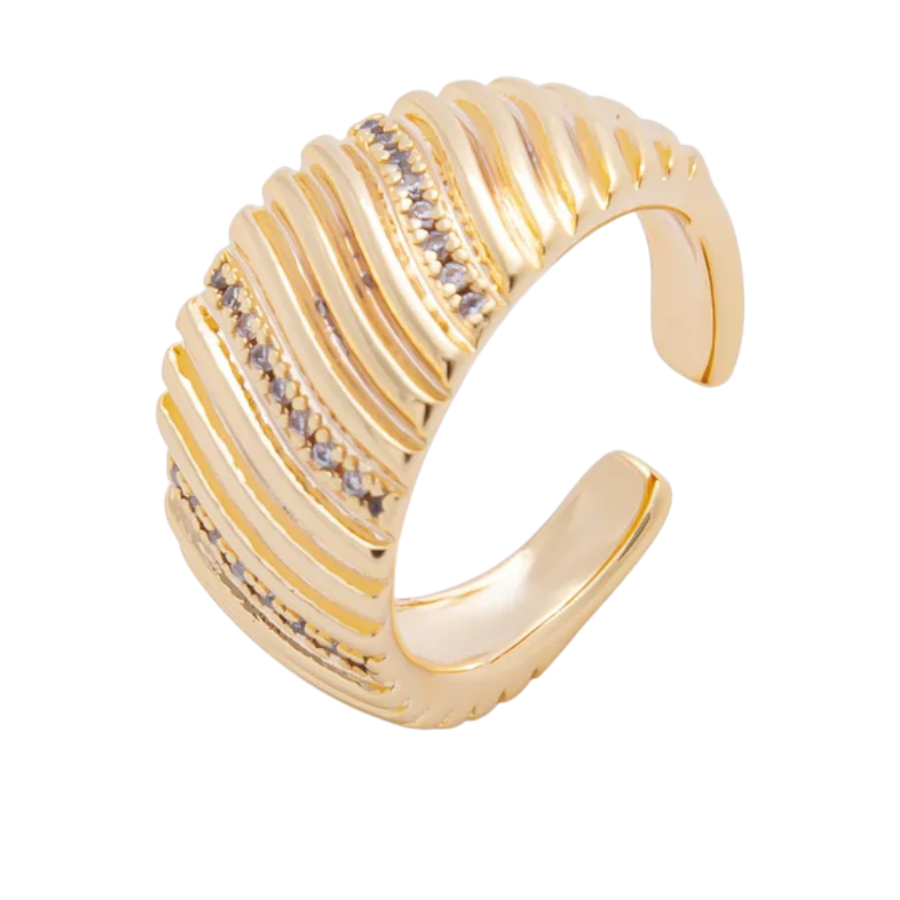 Micro Paved CZ Ribbed Line Textured Wide Dome Ring RI-21O485