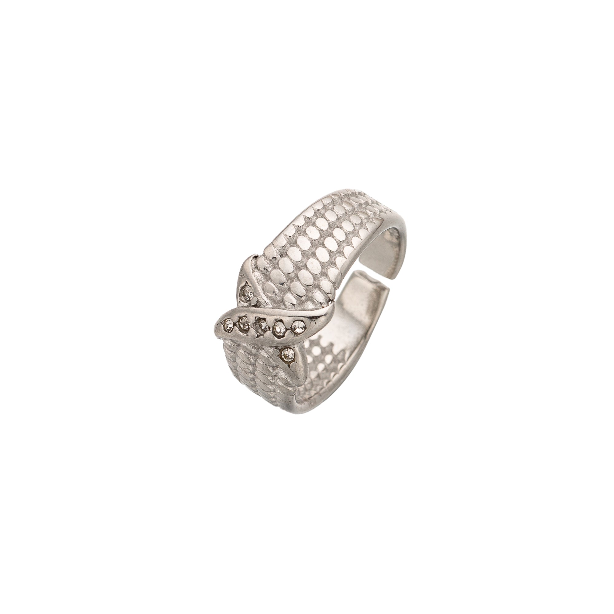 Silver Vintage Stainless Steel CZ Braided Adjustable Ring-00026