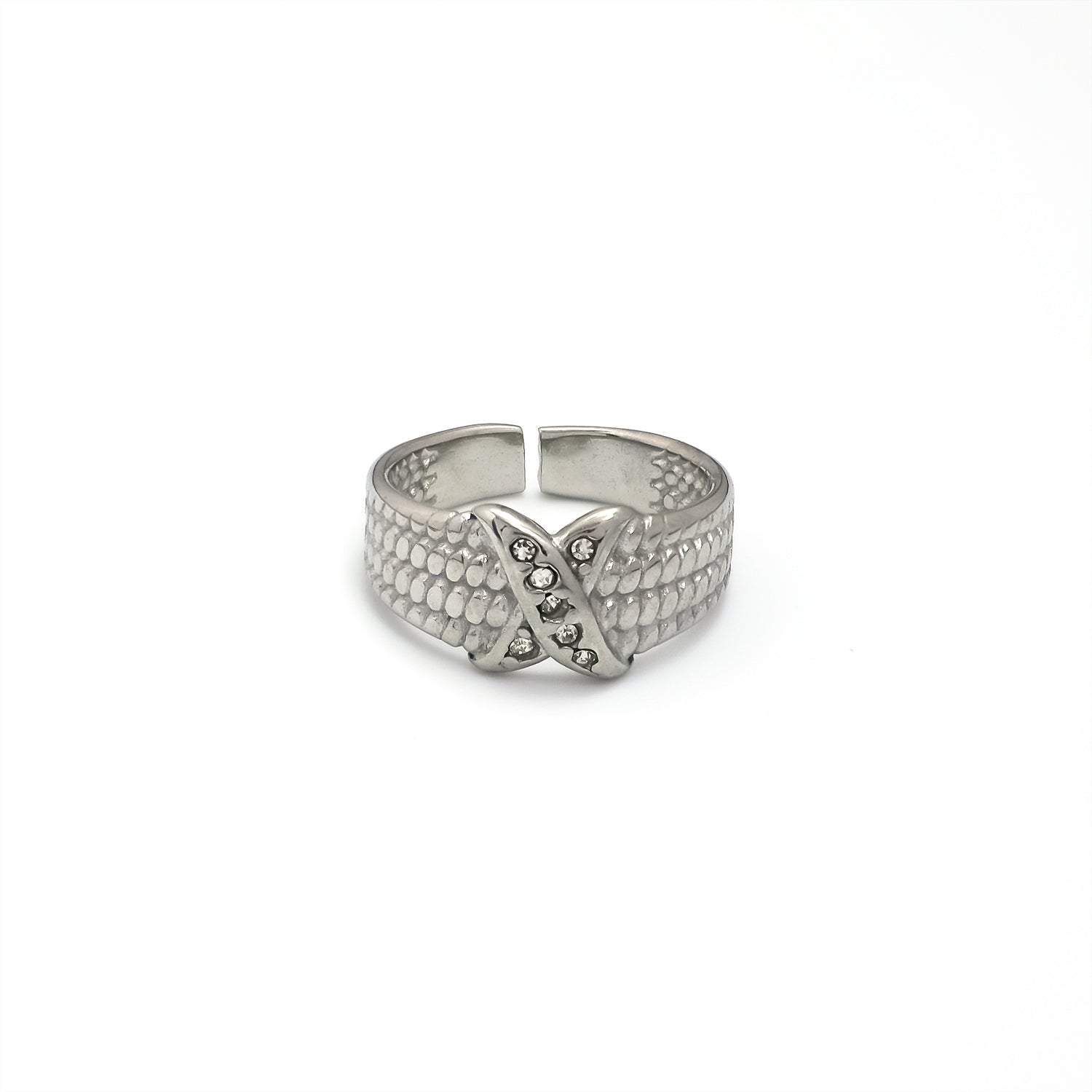 Silver Vintage Stainless Steel CZ Braided Adjustable Ring-00026