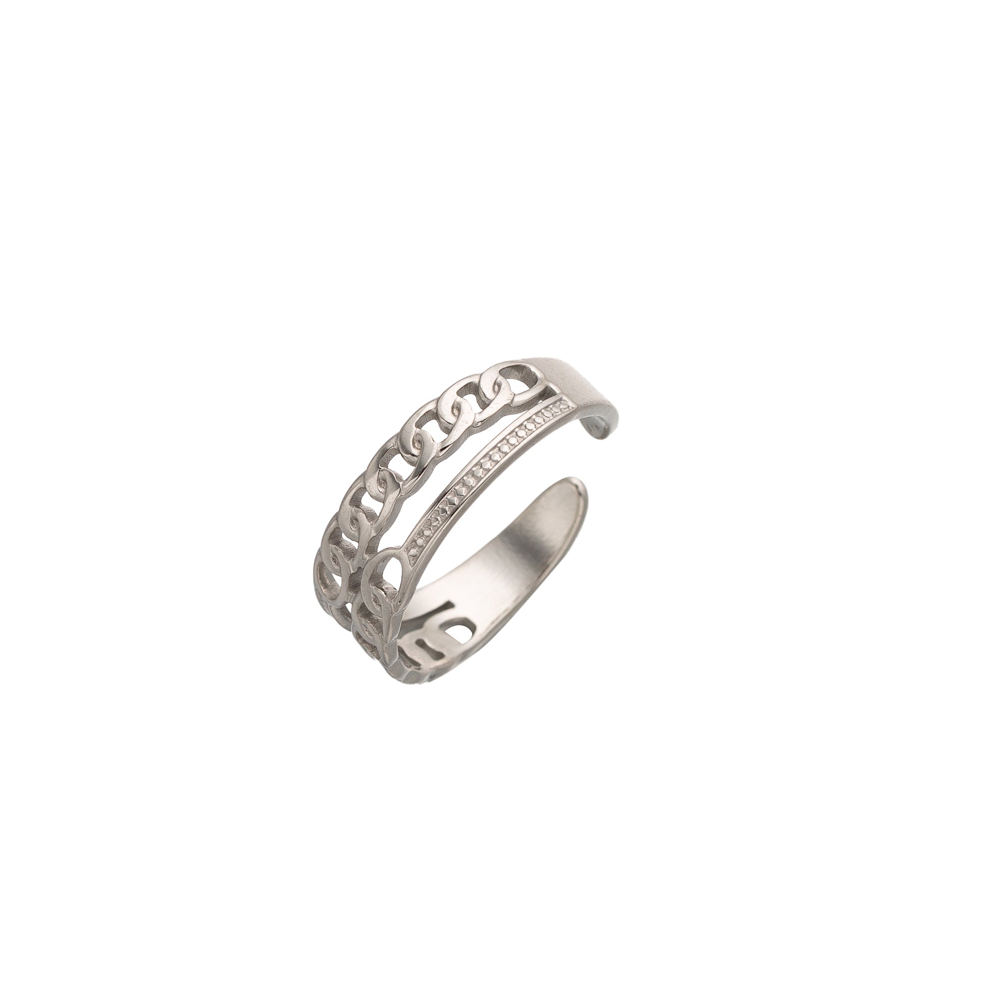Silver Stacked Stainless Steel Double Cuabn Adjustable Ring-00065