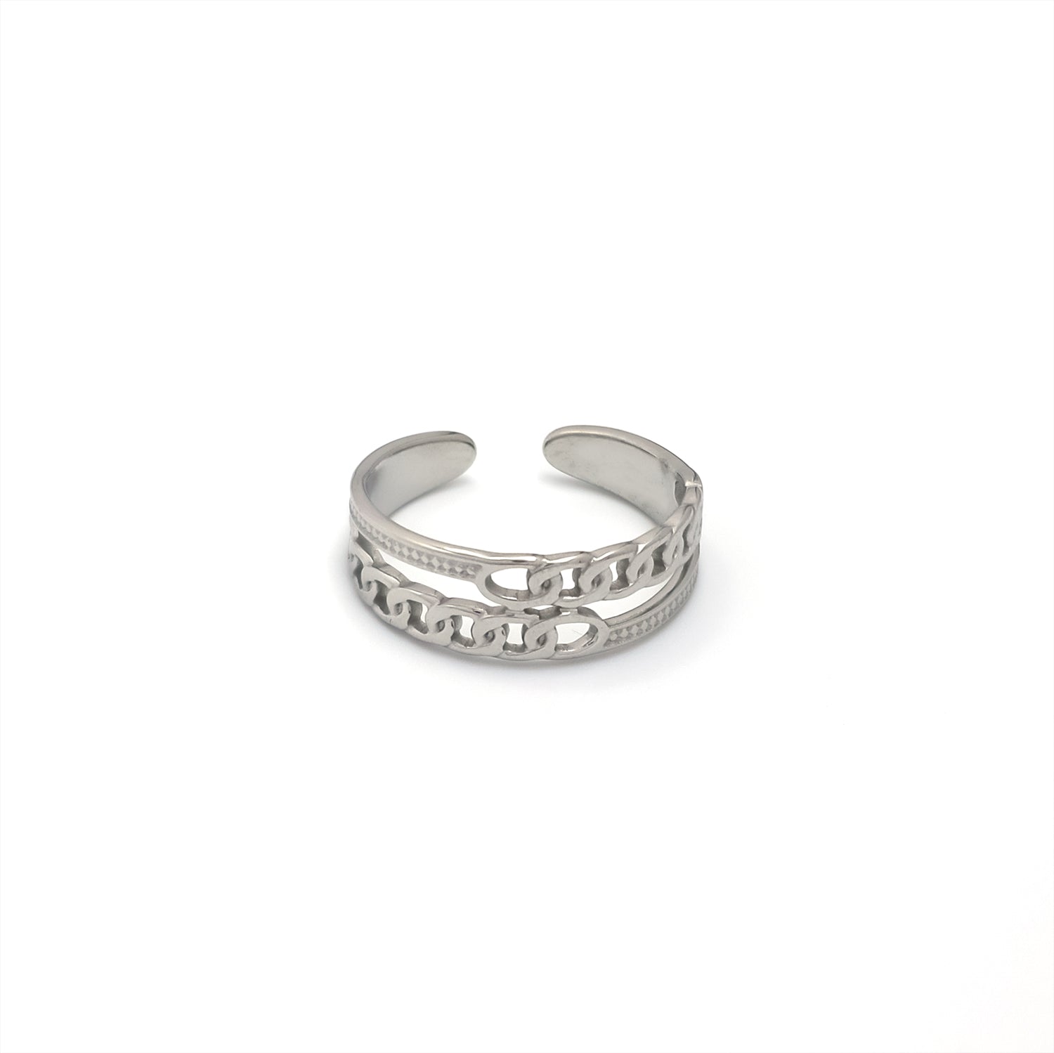 Silver Stacked Stainless Steel Double Cuabn Adjustable Ring-00065