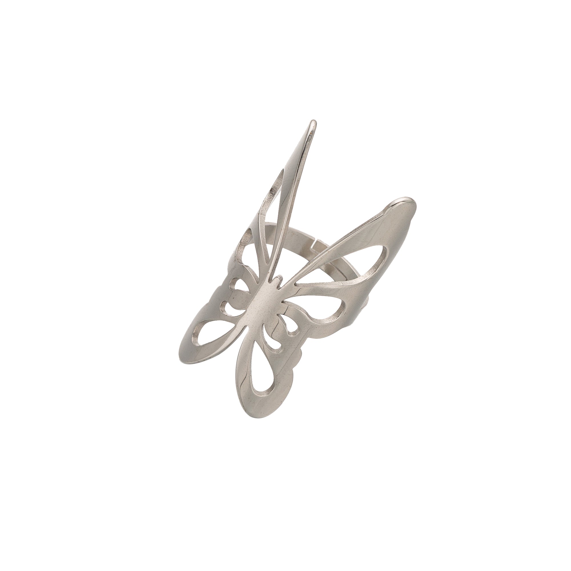 Silver Bold Stainless Steel Butterfly Adjustable Ring-00069