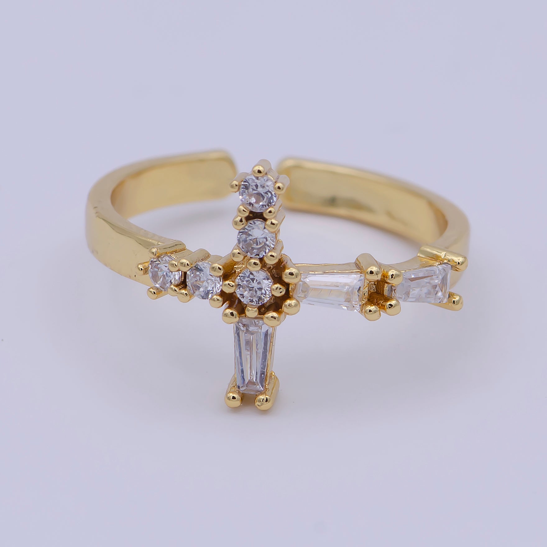 Gold Classic CZ Cross Adjustable Ring-00127