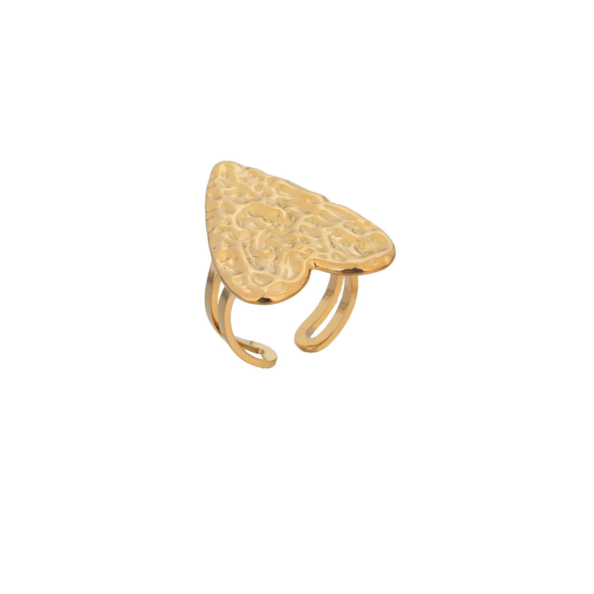 Gold Hammered Stainless Steel Heart Adjustable Ring-00320