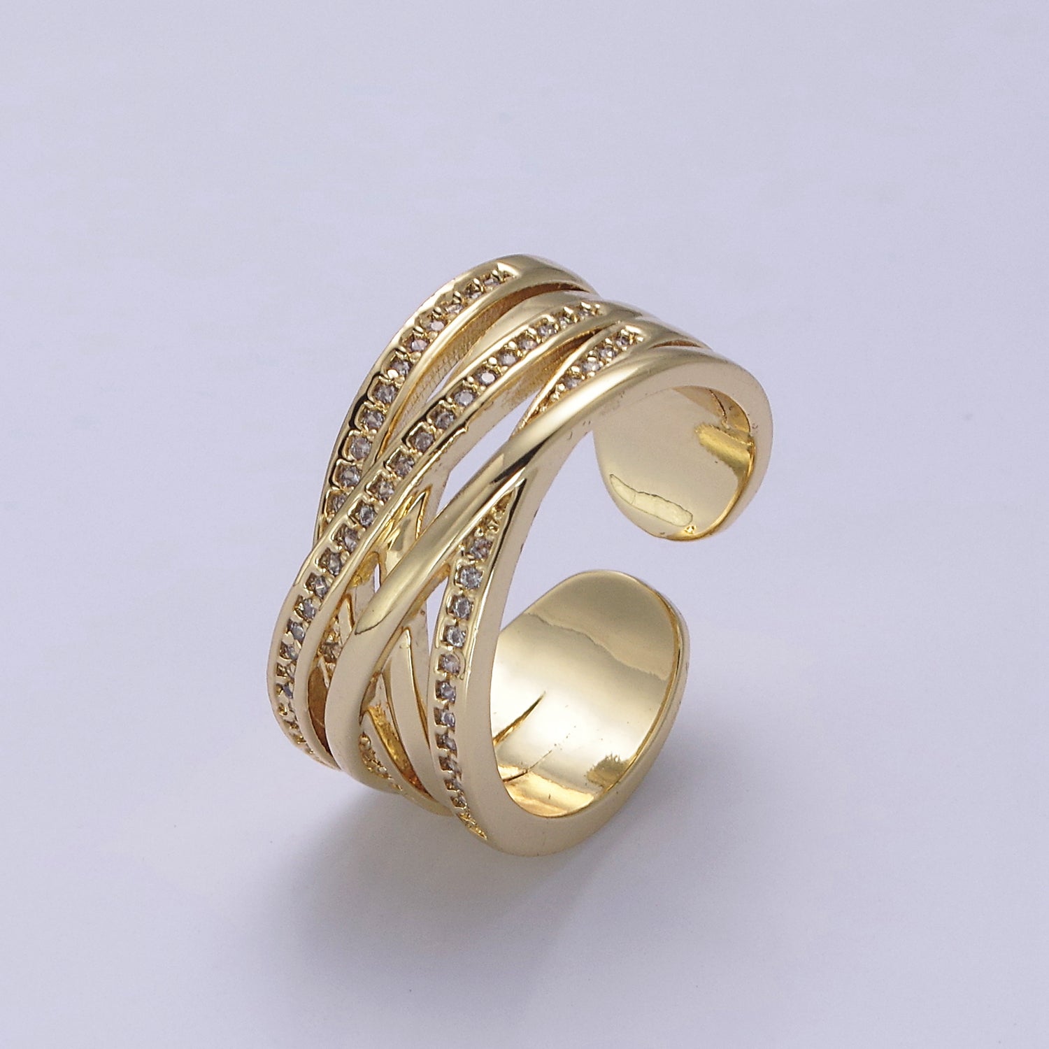 Gold Three Layers Micro Pave Cubic Zirconia CZ Adjustable Ring in Gold & Silver, Thick Statement Ring