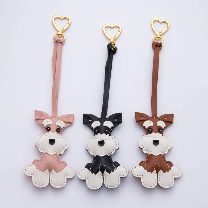 Pleather Schnauzer Dog keychain, bag charm with gold filled heart clip ✦ BC-21WB020