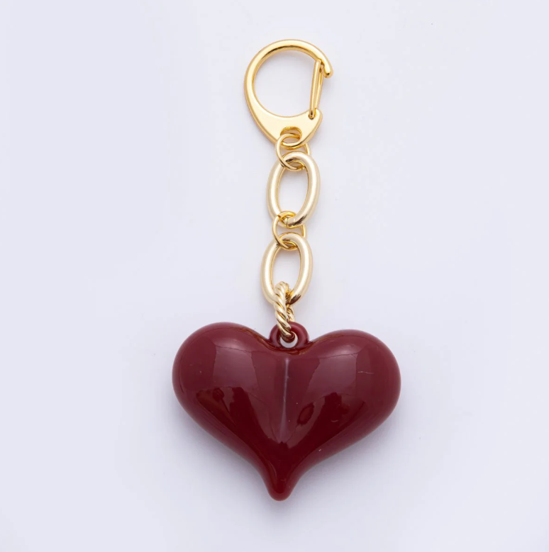 Crimson Red Heart Glass Art keychain, bag charm gold filled clip ✦ BC-21WB006